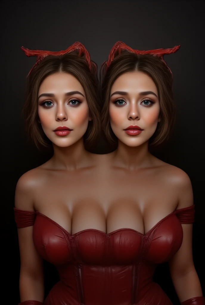 Two headed woman,woman with two heads, conjoined woman, two heads side by side, left head, right head, elizabeth olsen, elizabetholsen, elizabetholsen dressed as scarlet witch, scarlet witch costume, woman with three breasts,triboob, three breasted woman,showing clevage, open cleavage, looking at viewer,seductive look