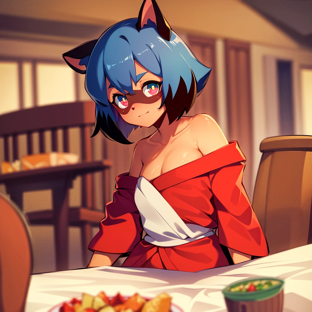 Masterpiece, High quality, High quality of art, best quality, best details, anime artstyle, solo, 1,solo,Michiru Kagemori, Sitting at the table,crafty eyes, red kimono, Bare fluffy shoulders, fluffy fur, fluffy body fur, Relaxed eyebrows, cunning eyes, two-tone hair, multicolored eyes, Sitting at the table, in restaurant, no extra Illumination, Insidious playful eyes, mischievous, Luxury restaurant, sitting at table on sofa, solo, Bare fluffy shoulder and neck, red kimono