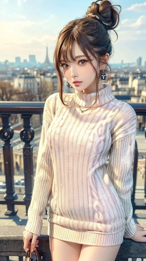 Influenceur Instagram blanc réaliste, meilleur qualité, laurier, 1 fille, yeux bleus, en robe courte sombre serrée, à Paris devant la Tour Eiffel qui porte un sweat rose de la marque SNLUXURY