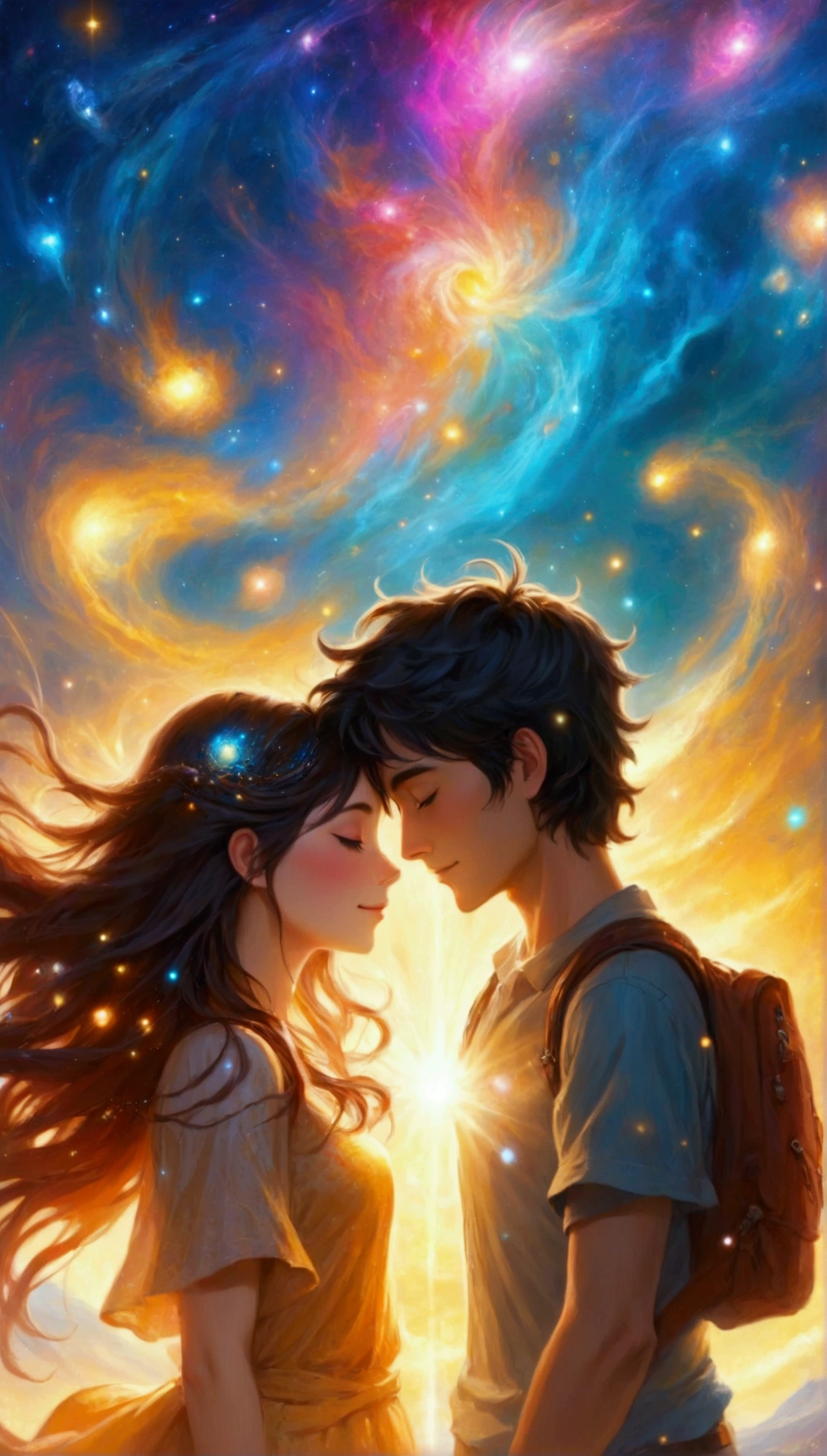 He traveled actoss the universe for eons, looking for his trus love, lovers finally reunited, a beautiful tearful joyous reunion, long alart and finally back together, relief, hugs, joy, kisses, hugs