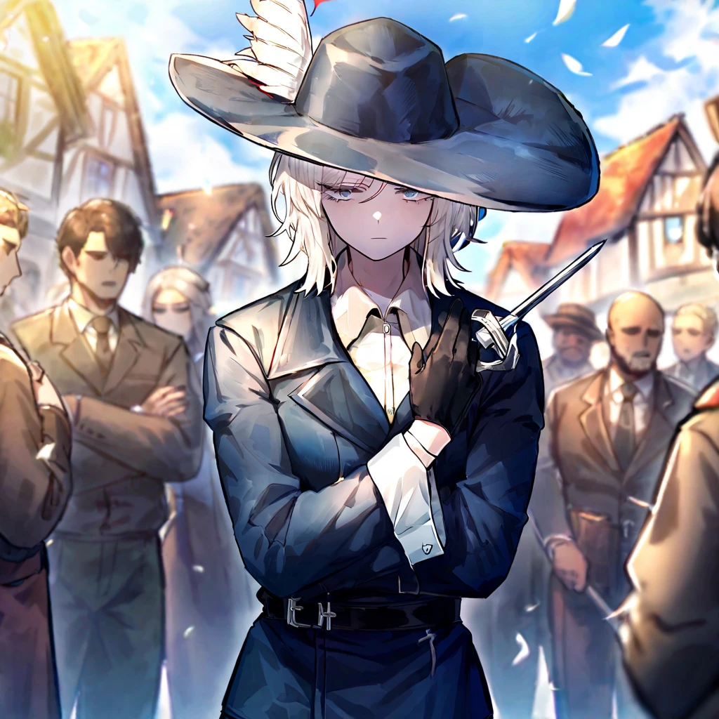 white hair,gloves,faust \(project moon\),black gloves,blue eyes,multiple girls,blue cape,shirt,hat,white shirt,holding a rapier in one hand,plume,short hair,expressionless,multiple boys,collared shirt,solo focus,long sleeves,cape,outdoors,2girls,closed mouth,sky,blue headwear,coat,multiple others,holding weapon,open mouth,