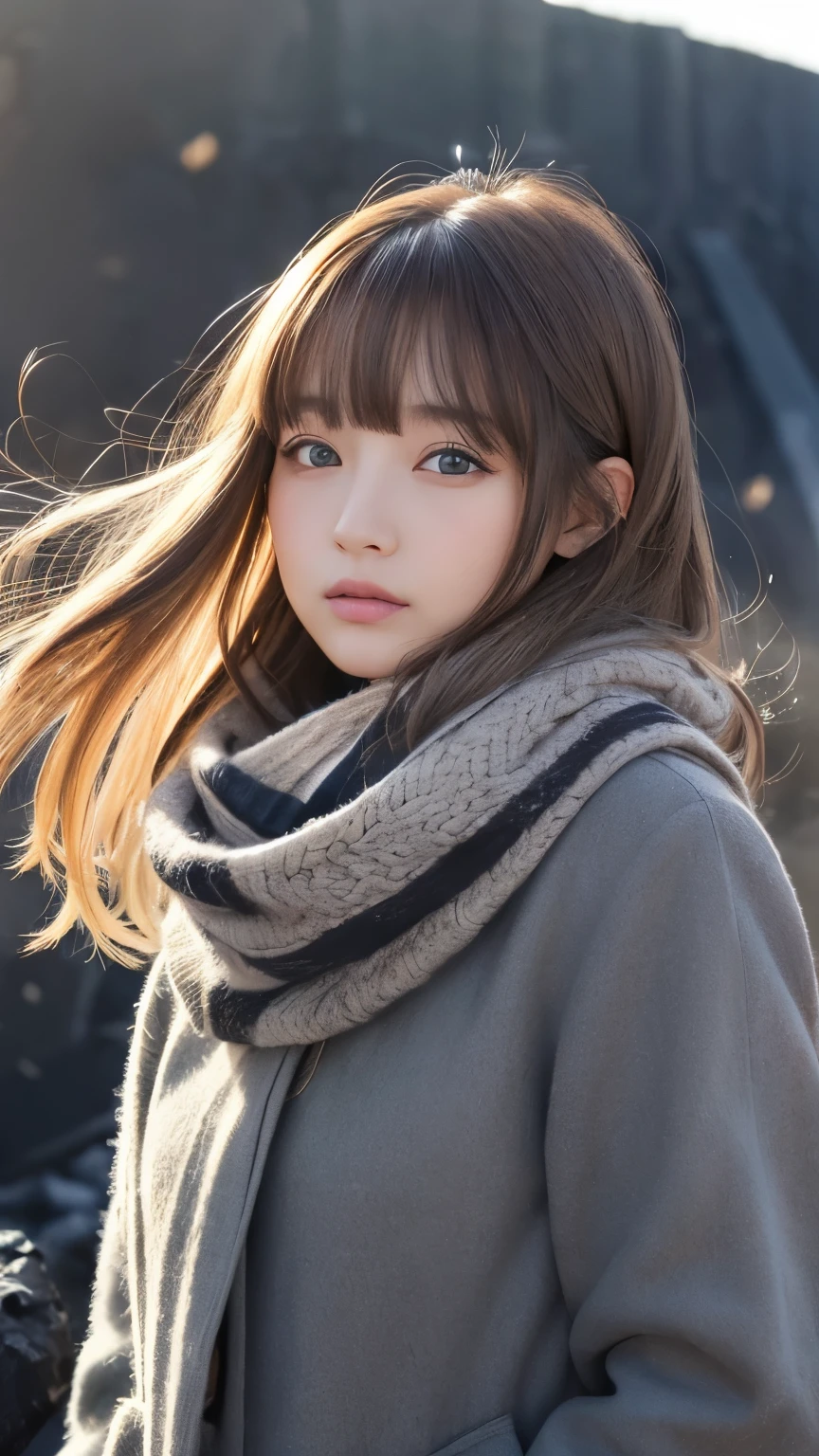 ((hair blowing in the wind、 no makeup in the coal mine:1.2))、(realiStic、 Photorealistic、Super detailed、beSt detailed SkinS、higheSt quality、maSterpiece、超A high reSolution)、cute ruSSian woman、S、high School girl、 young girl、 1 girl、have bangS、Ash Blonde:1.7、 double eyelids in judo uniforms、drooling eyeS、JapaneSe Style face、purity、realistic skin type、Thick muffler、Grey scarf、 fluffy hair 、((There'S hair in the Scarf:1.3))、red cheekS、The wind iS blowing、that'S Snowing、 knight 、illumination、後ろからのillumination、hair blowing in the wind
