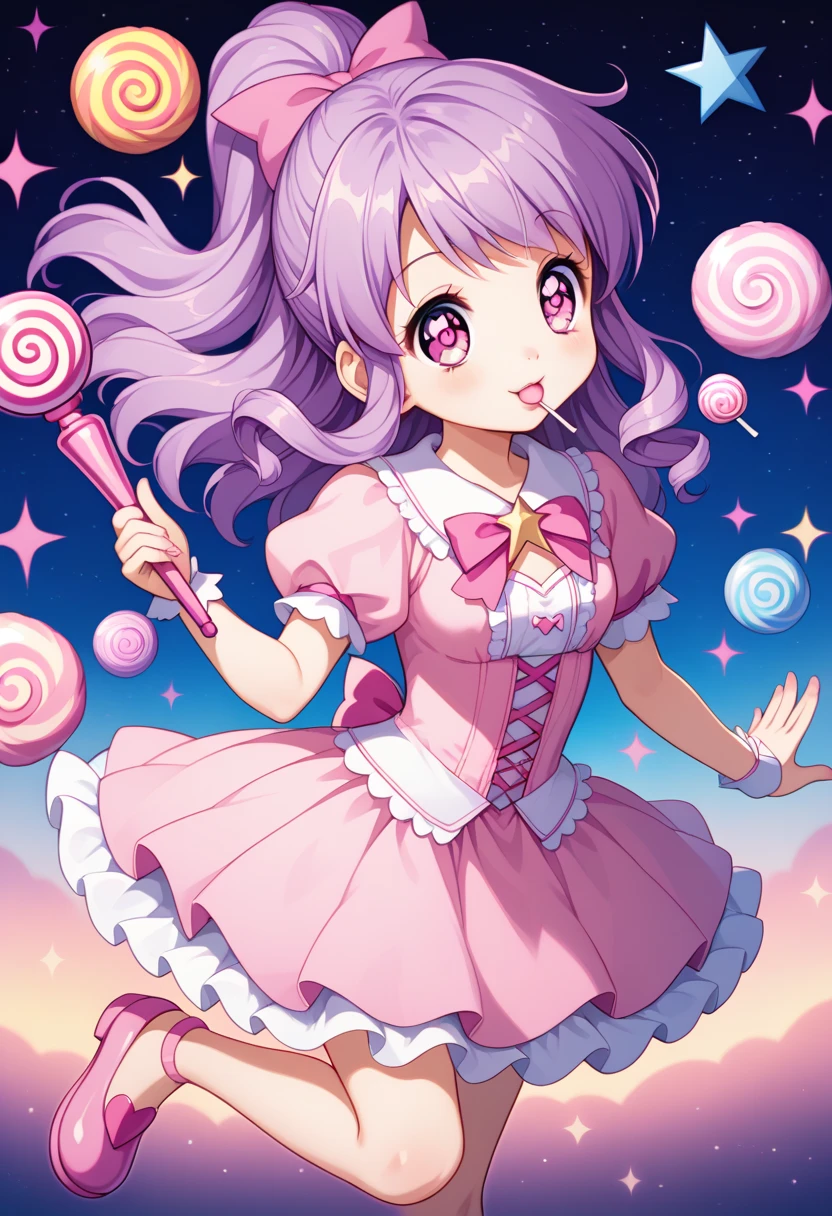 Anime girl,Magic girl, Pastel colored clothes, sweet themed clothes, candy girl, kwaii, kwaii poses, holding a lollipop scepter,pastel purple hair, cute eyes, candy barrettes,Cute dress, flared dress, ruffled dress, cute shoes, magical girl, candy, candy cute girl, kwaii, pink eyes, bright eyes,2D,Pastel colors Light colors, soft lineart, soft colors, pastel coloring, candy theme, kawaii, starry eyes, magic lollipop stick, majestic pose, cute scenery, floating ,pink and purple Clothes ,puffy clothes