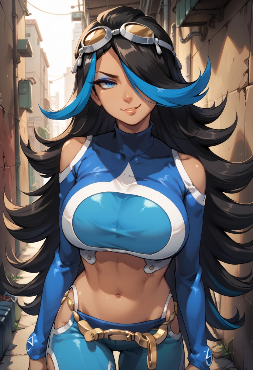 Solo, zzShelly, blue eyes, long hair, blue hair, multicolored hair, dark skin, black hair, two-tone hair, hair over one eye, goggles on head, crop top, midriff, streaked hair, shoulder cutout, navel, smug look, huge breasts, back alley, cowboy shot, standing