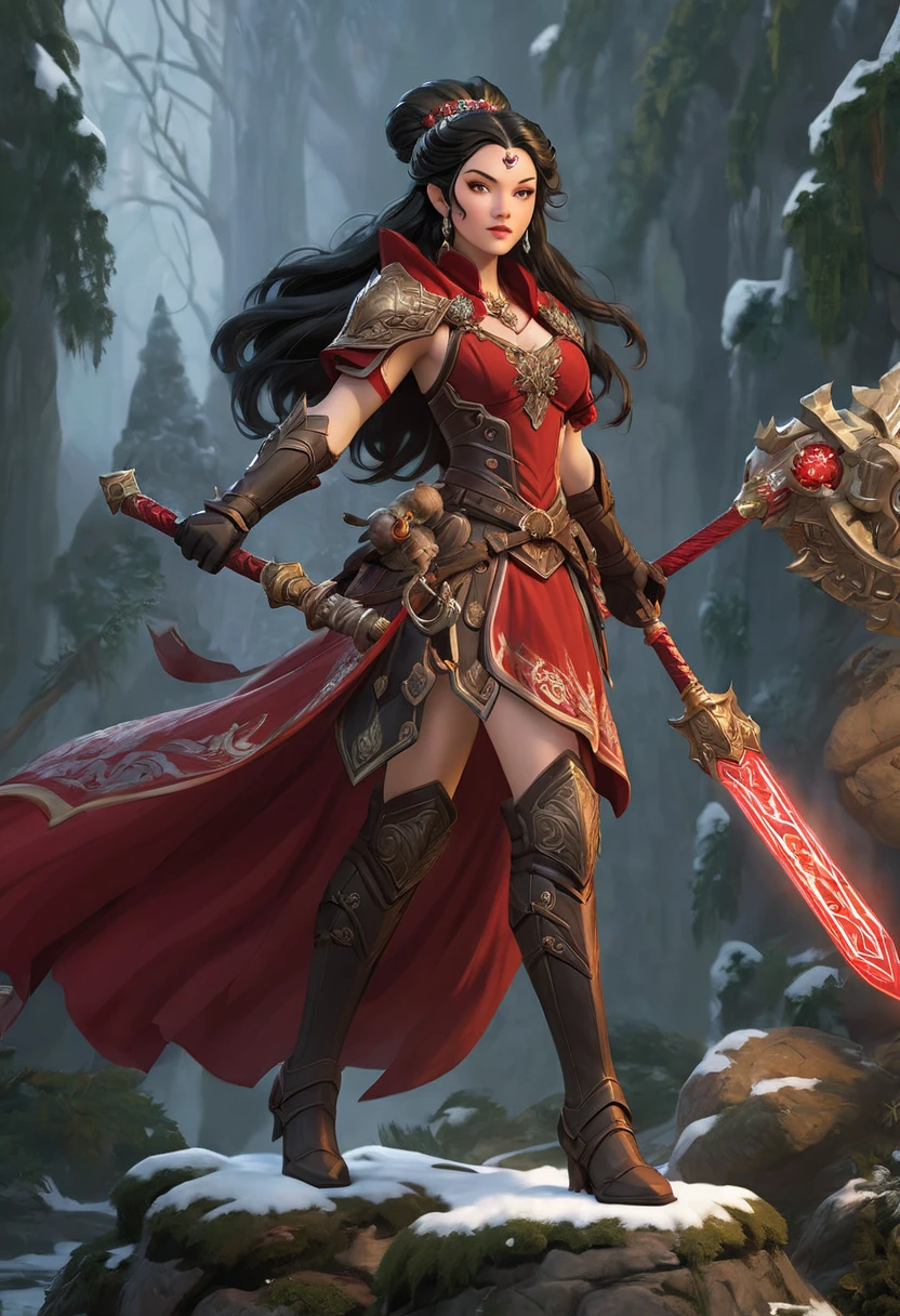 A powerful fantasy depiction of young adult Mrs. Claus as a heroic D&D adventurer. blending features of Masiela Lusha, and Chloe Bennet. black hair. She stands confidently, exuding strength and elegance, clad in ornate crimson plate armor trimmed with white fur, and adorned with intricate Christmas symbols like holly, snowflakes, and glowing runes. Her armor shines with magical energy, and she holds a radiant, enchanted weapon, ready for battle. Her poised yet commanding presence shows both her regal nature and her power. The scene captures the epic, adventurous style of classic Dungeons & Dragons artwork, with bold colors, intricate details, and a sense of magical grandeur, highlighting Mrs. Claus as a fierce and heroic figure.
