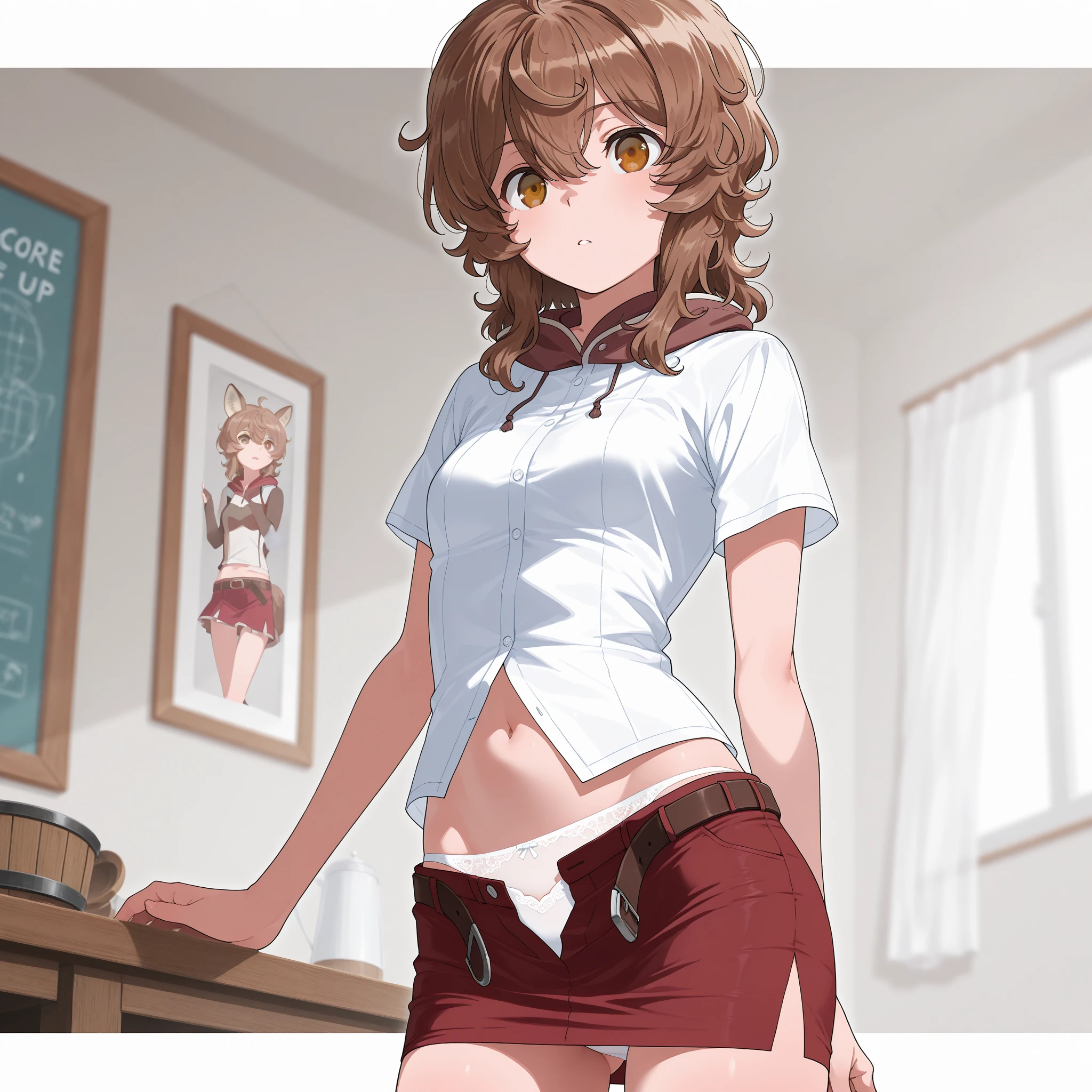 best quality, nice proportions, high res, one girl, Liliruca Arde, ***ite, short, brown hair, amber brown eyes, hair between eyes, short shirt, short red skirt with a unlooped brown belt, unbuttoned skirt, exposed midriff, exposed white panties