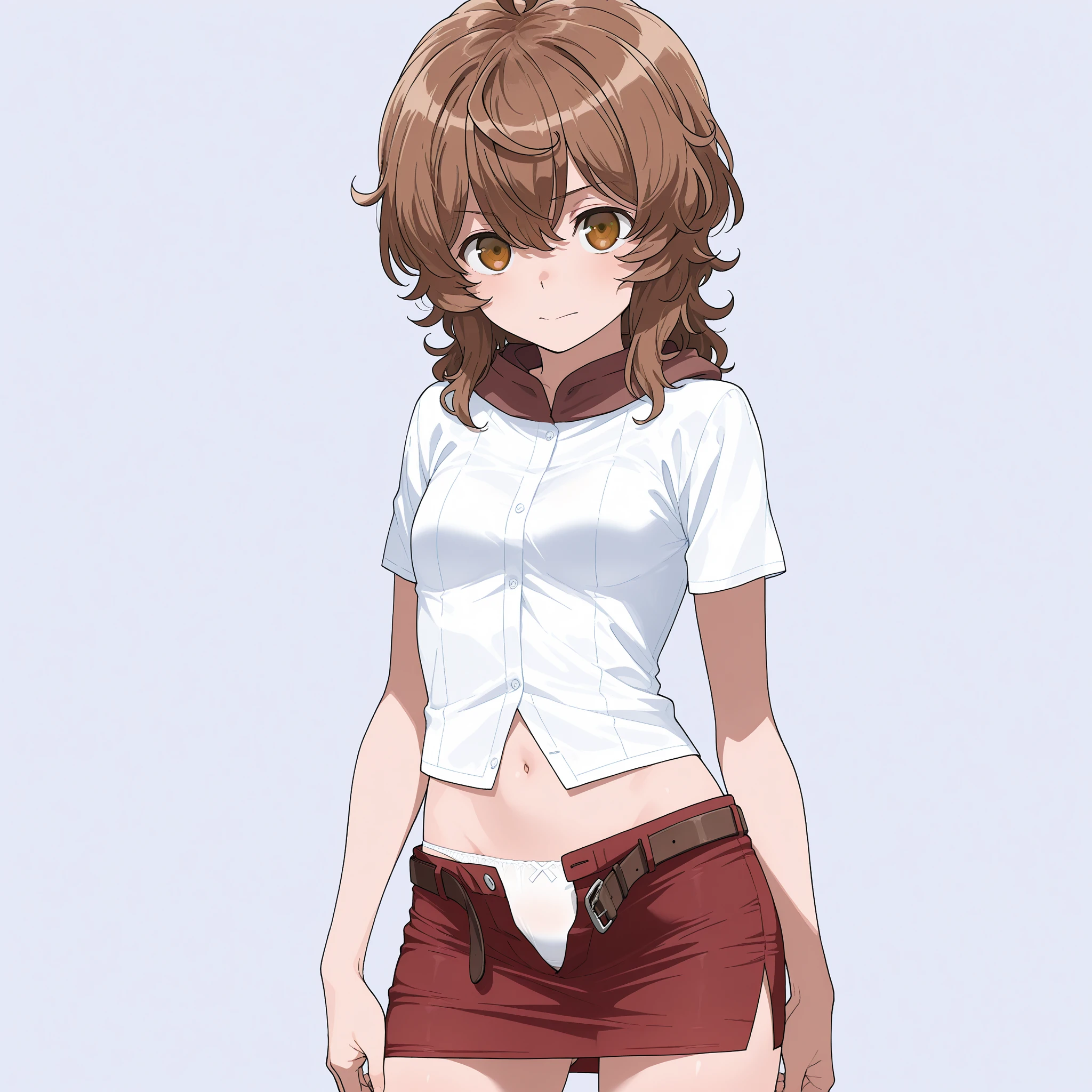 best quality, nice proportions, high res, one girl, Liliruca Arde, ***ite, short, brown hair, amber brown eyes, hair between eyes, short shirt, short red skirt with a unlooped brown belt, unbuttoned skirt, exposed midriff, exposed white panties