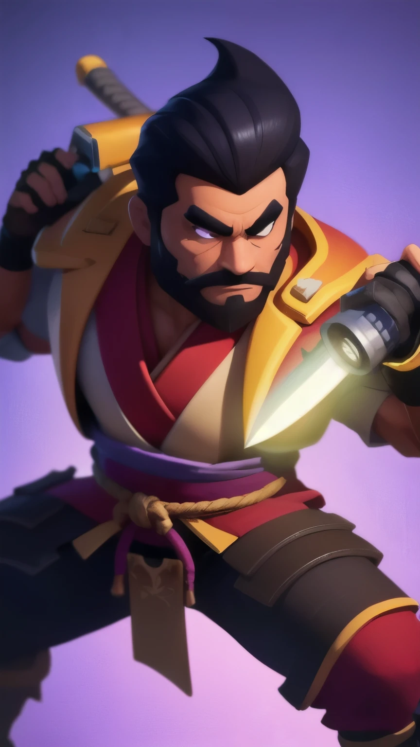 a close up of a person holding a sword and a flashlight, ((a Samurai wearing a Full armor, in epic glorious pose)), brawl stars, arte de respingo brawlstars, ,  blaster sword bright as neon ,  game character , in game style 8k, merged character ,  Fortnite art style ,   Stylized character  ,  holding a sword , slick clammy skin, Clash Royale Style,  mobile game style , new character