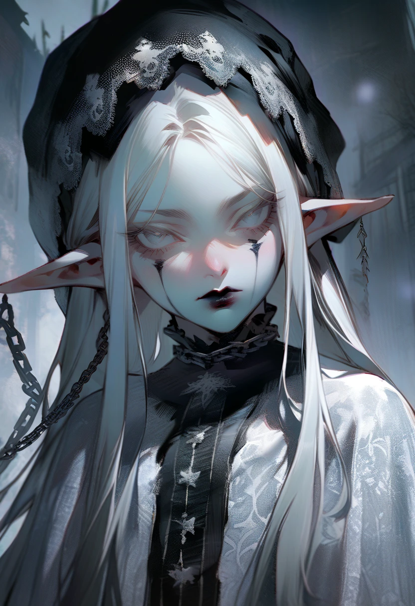 masterpiece, elf woman, solo,young, pale, (very long hair), very straight hair, white hair, black lipstick, white eyes, (white velvet lace dress), black eyebrows, in a snow dead cemetery garden, cute, closeup, expressionless, black christmas hat, evil pose, big silver chains around 