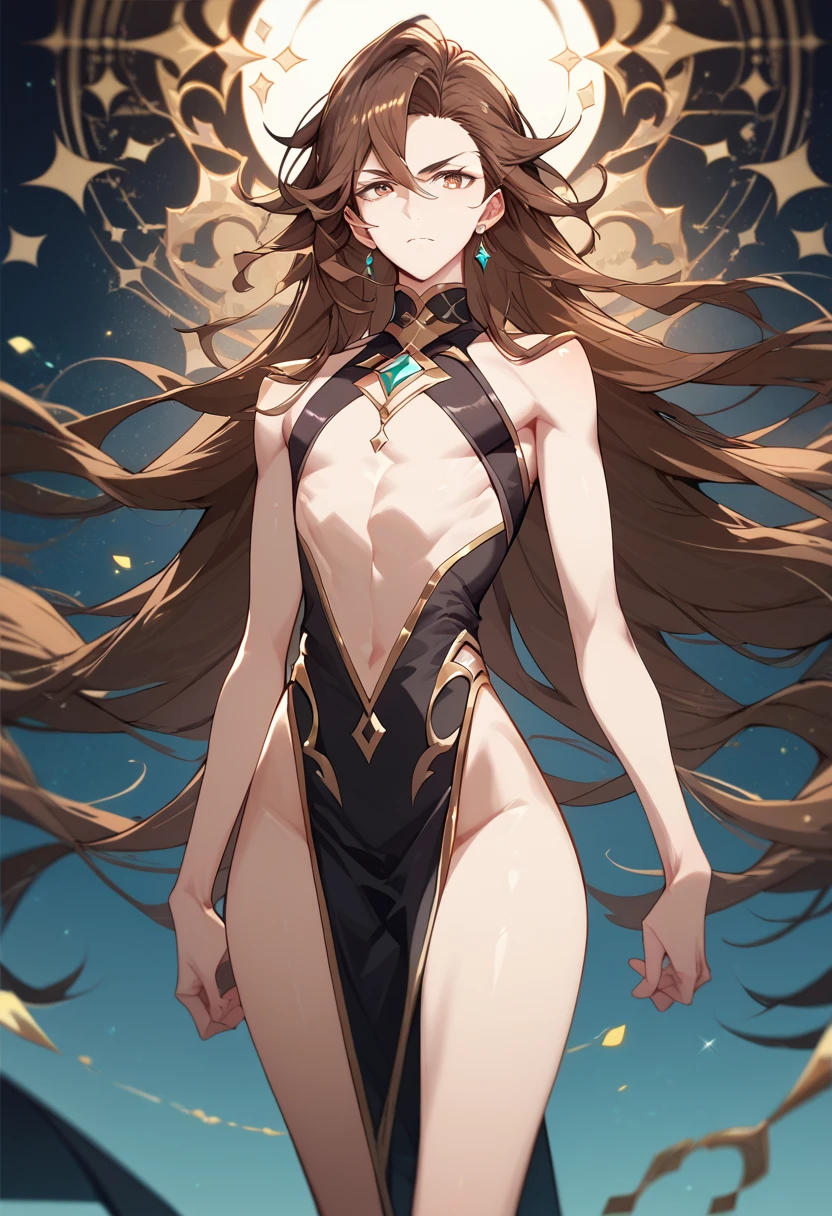 A boy, skinny, white skin, wavy brown hair, medium-long hair, brown eyes, revealing and feminine clothing, small eyes, thin legs, thin torso, thin arms, narrow hips, black clothing, member showing, serious expression