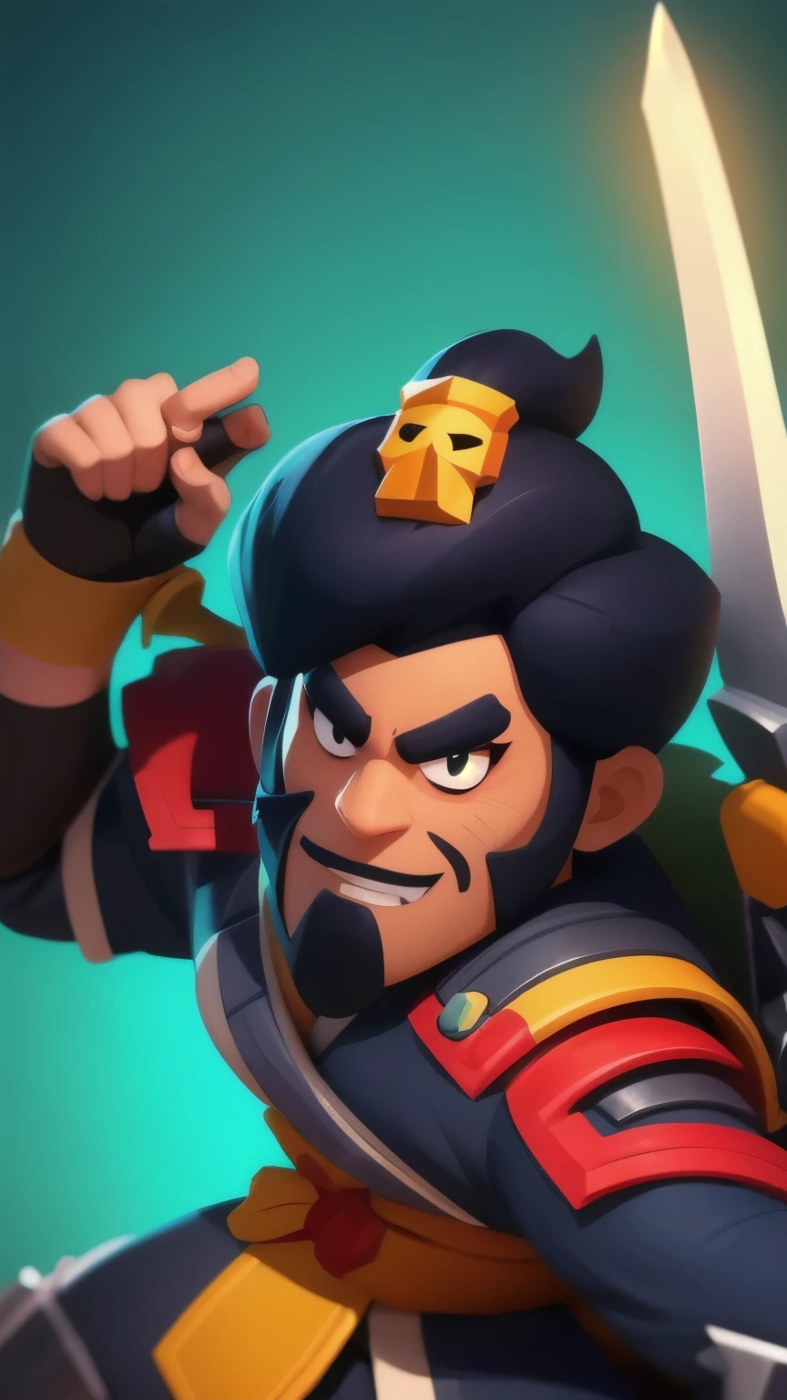 a close up of a person holding a sword and a flashlight, ((a Samurai wearing a Full armor, in epic glorious pose)), brawl stars, arte de respingo brawlstars, ,  blaster sword bright as neon ,  game character , in game style 8k, merged character ,  Fortnite art style ,   Stylized character  ,  holding a sword , slick clammy skin, Clash Royale Style,  mobile game style , new character