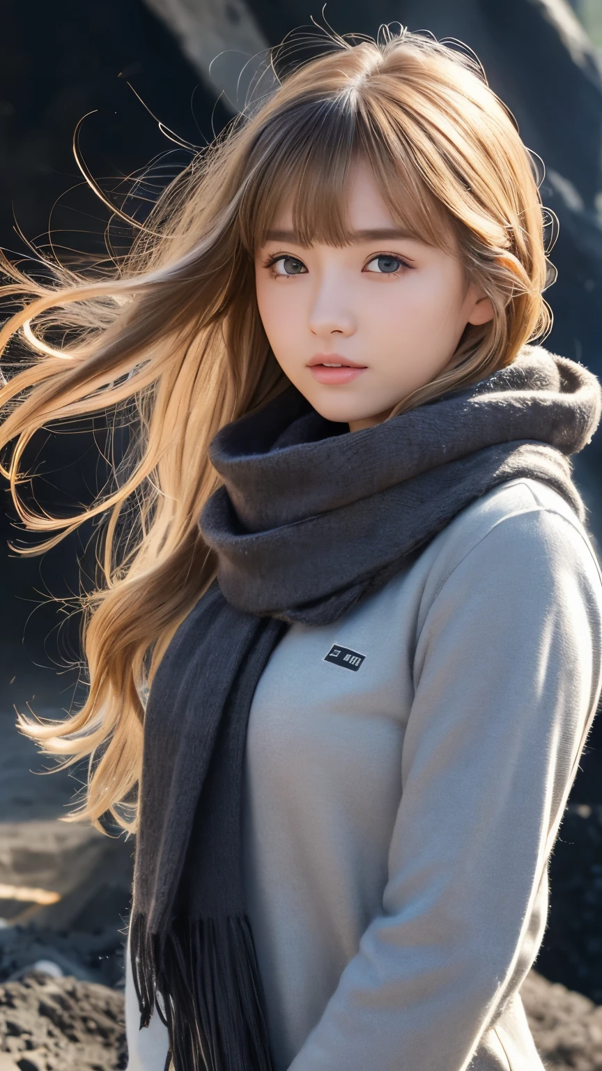 ((hair blowing in the wind、 no makeup in the coal mine:1.2))、(realiStic、 Photorealistic、Super detailed、beSt detailed SkinS、higheSt quality、maSterpiece、超A high reSolution)、cute ruSSian woman、S、high School girl、 young girl、 1 girl、have bangS、Ash Blonde:1.7、 double eyelids in judo uniforms、drooling eyeS、JapaneSe Style face、purity、realistic skin type、Thick muffler、Grey scarf、 fluffy hair 、((There'S hair in the Scarf:1.3))、red cheekS、The wind iS blowing、that'S Snowing、 knight 、illumination、後ろからのillumination、hair blowing in the wind