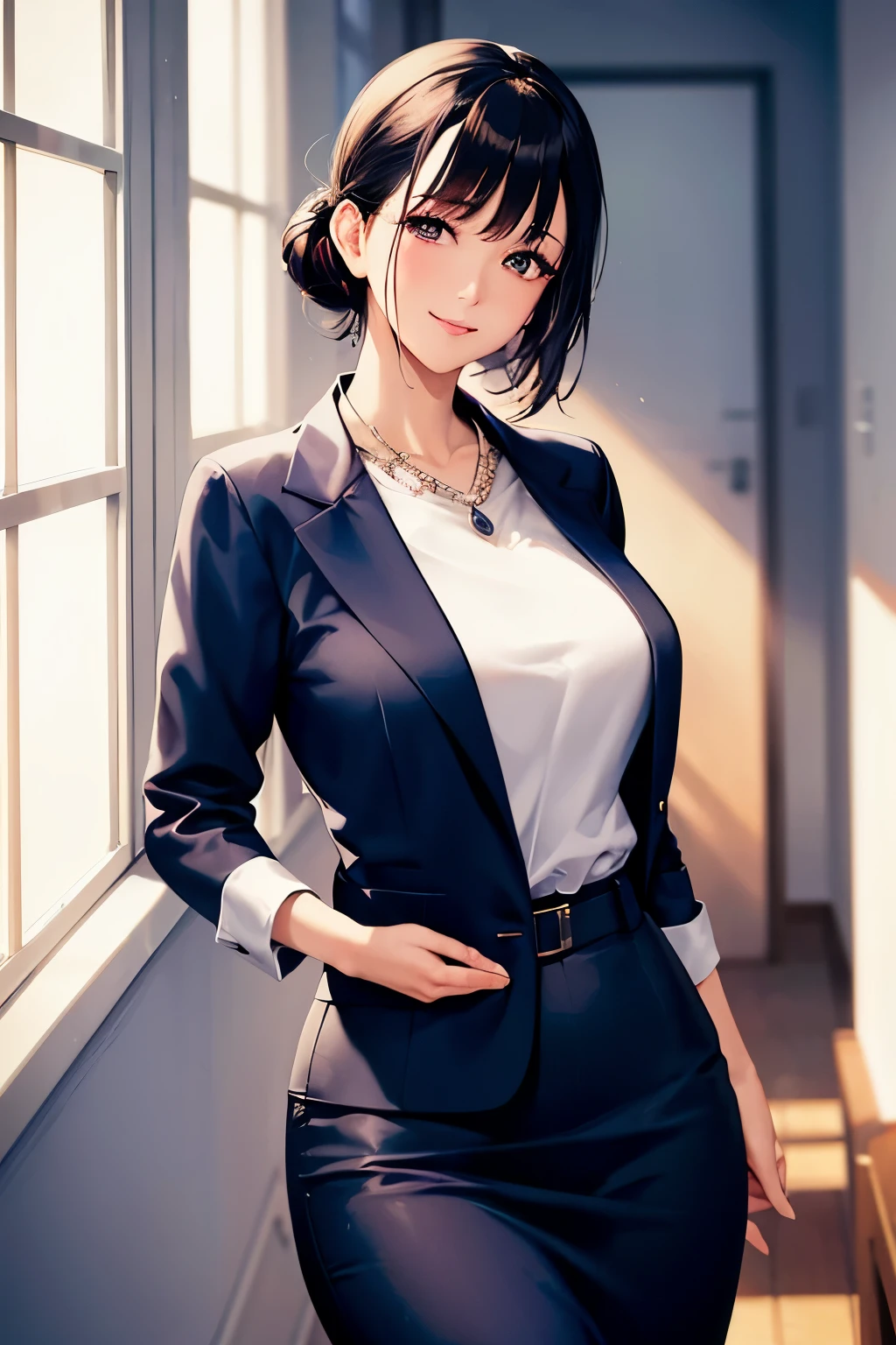 masterpiece, best quality, detailed face, detailed eyes, HUlily, black hair, short hair, medium breasts, indoors, shop, shelf, counter, cash register, smirk, clothes-tifadress,