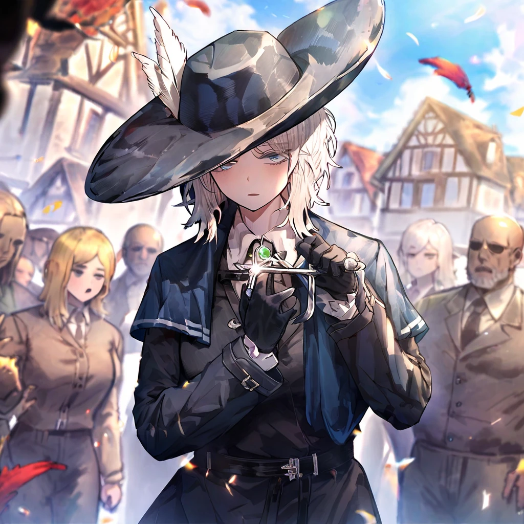 white hair,gloves,faust \(project moon\),black gloves,blue eyes,multiple girls,blue cape,shirt,hat,white shirt,holding a rapier in one hand,plume,short hair,expressionless,multiple boys,collared shirt,solo focus,long sleeves,cape,outdoors,2girls,closed mouth,sky,blue headwear,coat,multiple others,holding weapon,open mouth, ultra detailed, rapier in her hand