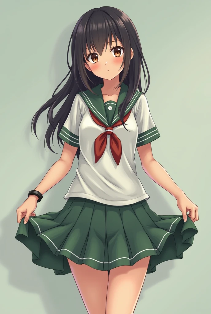 Beautiful illustration、top-quality、Cute little girl s、Bedroom、A Green-haired、length hair、(((green pleated skirt)))、(((green sailor suit)))、shortsleeves、Colossal tits、a navel、Flipping up the skirt with your hands、Show white panties、Pull up your skirt and show your panties、bare-legged、yellow eyes、on the beds、lovely thighs、glowing thigh