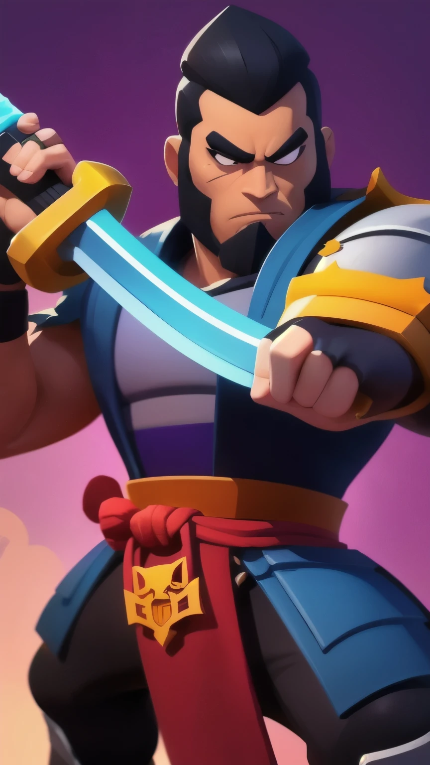 a close up of a person holding a sword and a flashlight, ((a Samurai wearing a Full armor, in epic glorious pose)), brawl stars, arte de respingo brawlstars, ,  blaster sword bright as neon ,  game character , in game style 8k, merged character ,  Fortnite art style ,   Stylized character  ,  holding a sword , slick clammy skin, Clash Royale Style,  mobile game style , new character