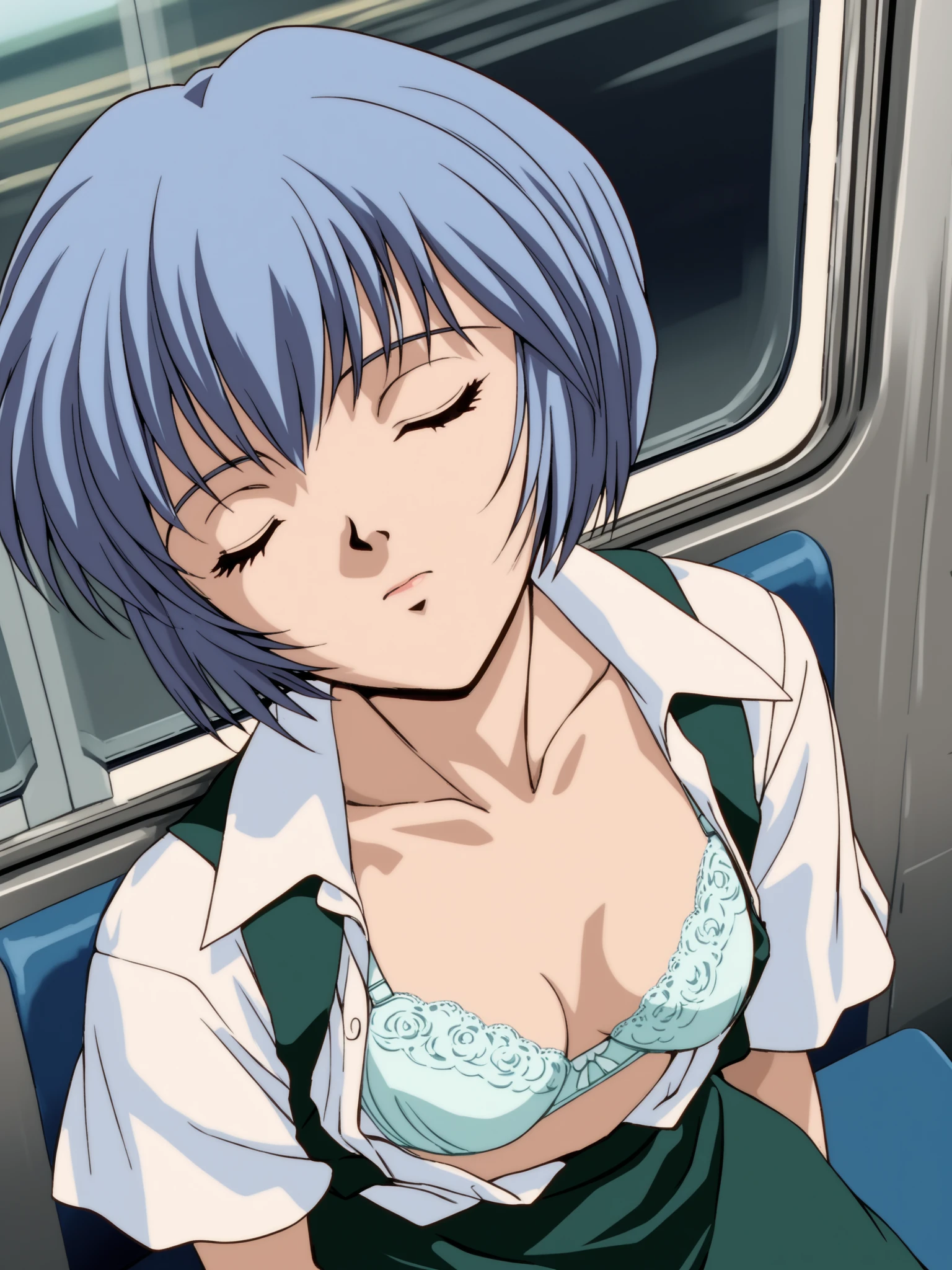  score_9,  score_8_ up,  score_7_ up,  Source_anime, Layer Nami, Rei Ayanami, Ayanami Rei,  blue hair, short hair, red eyes,  skirt,  shirt, white  shirt, Short sleeve, Tokyo 3 Middle , ((( in the train))), Alone, (((face focus, face close up, throw, portrait,  seat in the train window))), ((( closed eyes,  looks up, head tilt, sleeping))), (((open shirt, 豪華な刺繍のwhite bra))), (((from above))),