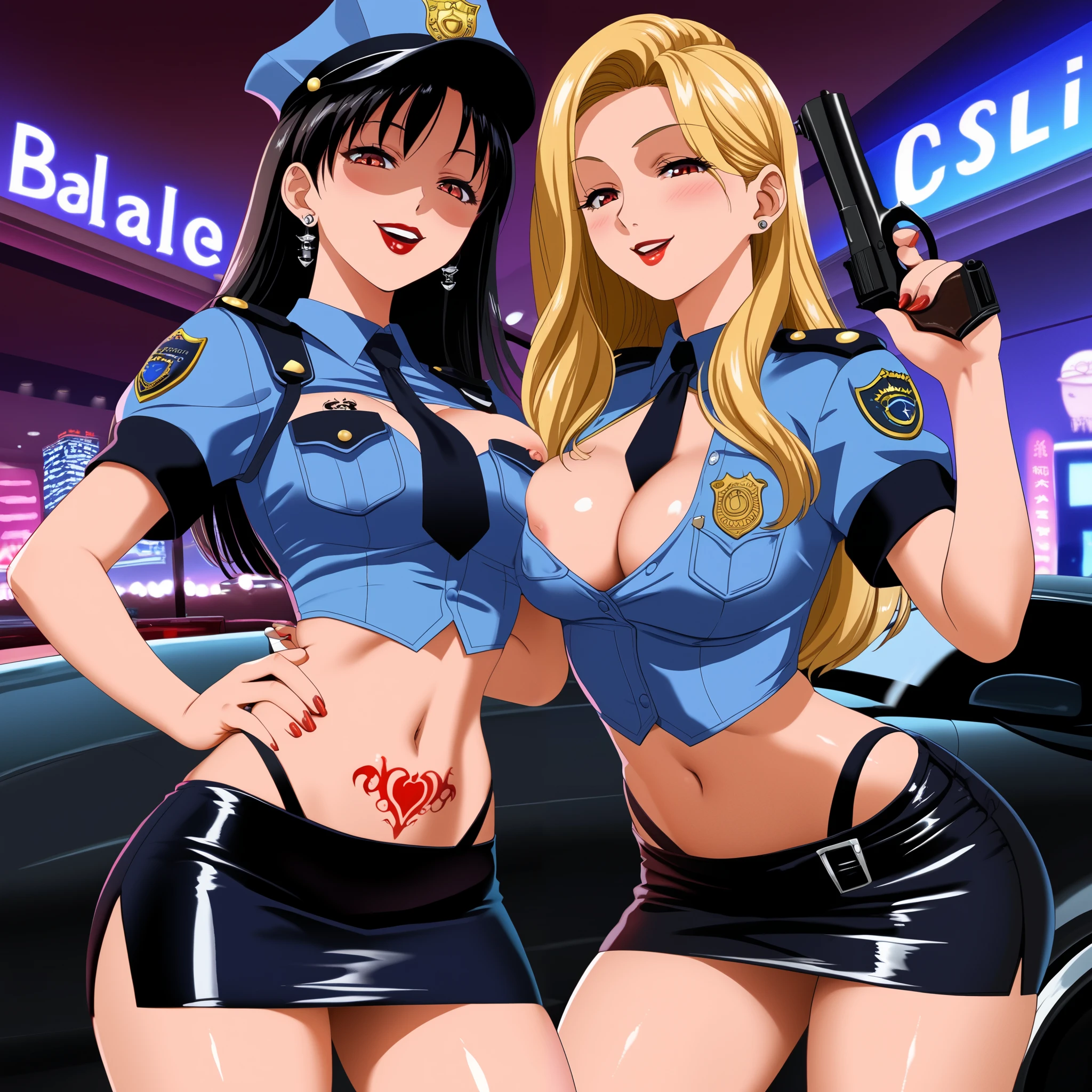 looking at viewer,evil smile,shaded_face,parted lips,looking down,
2girl, two girls,
, ear piercing, long hair, blush, lipstick,Hot girl, baddie, smoking, sensual, attractive ,bar
background, inside bar,indoors, cityscape, casino, nightclub, city lights, masterpiece, best quality, highly detailed, a anime girl in police uniforms , police outfit, military outfit,
open mouth, cleavage, evil smile, smile, ecchi anime style, anime girl, digital anime art!!, in anime
style, (nsfw) not safe for work, official artwork, , beautiful anime girl, anime style 4 k, micro pencil
skirt, pencil skirt, micro skirt, exposed
belly, exposed navel, exposed midriff, exposed lower belly, holding a gun, holding pistol,next to police
car,nipple slip,, dragon tattoo , tattoo midriff, rose tattoo, shiny skin,