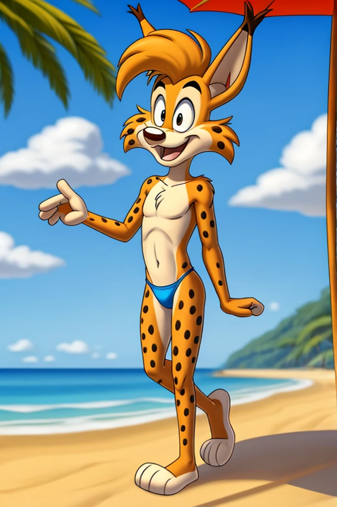 Lynx cartoon guy full length slim skinny in red speedo on the beach with a happy face striped tail