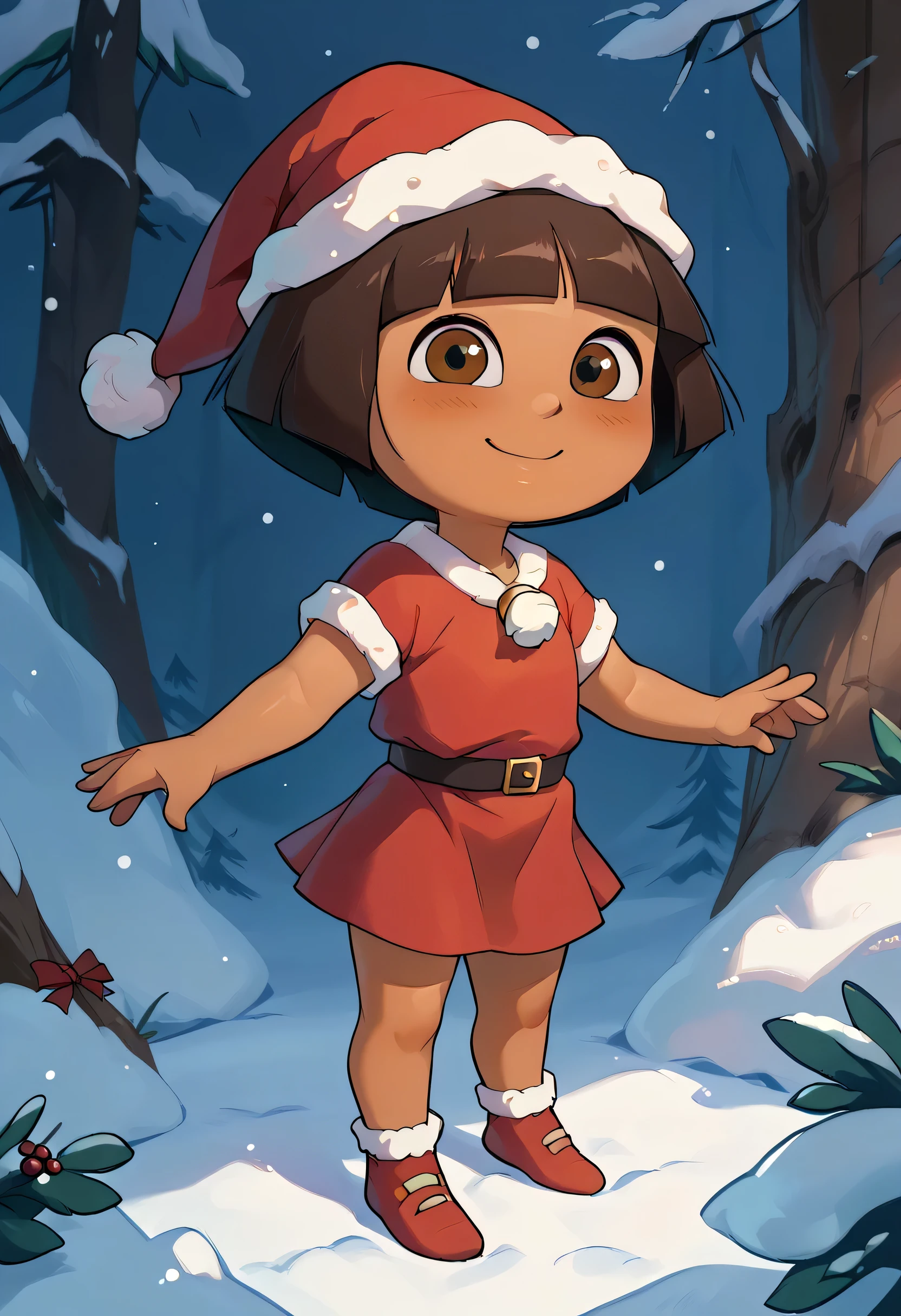 (solo), (1 girl), cute, flat chest, Dora, smile, brown eyes, in a winter woods, dark-skinned female, bob cut,  (slender athletic body), santa outfit, short skirt, santa hat, blush, chibi