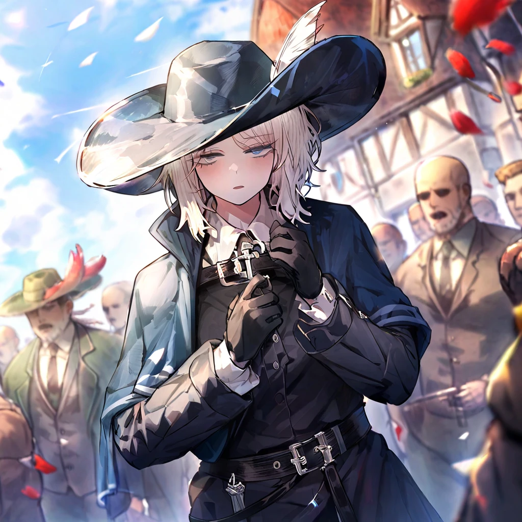 white hair,gloves,faust \(project moon\),black gloves,blue eyes,multiple girls,blue cape,shirt,hat,white shirt,A rapier on his belt,plume,short hair,expressionless,multiple boys,collared shirt,solo focus,long sleeves,cape,outdoors,2girls,closed mouth,sky,blue headwear,coat,multiple others,open mouth, ultra detailed