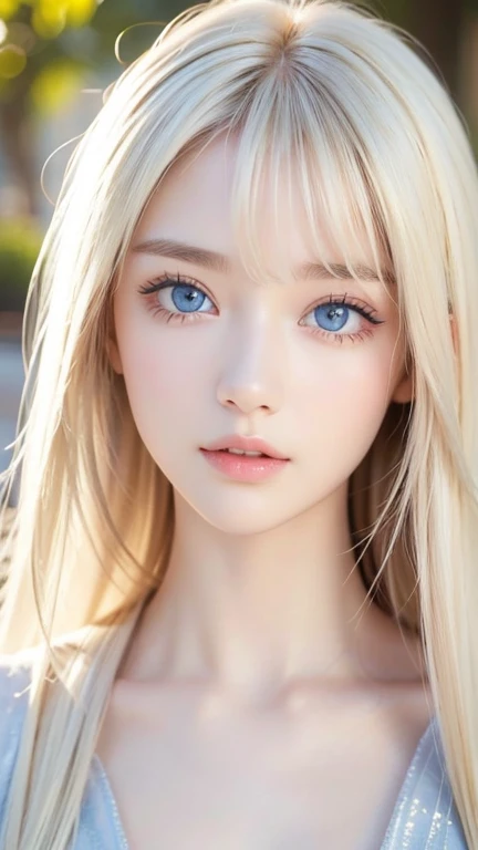 Beautiful white and shining skin、Blonde hair that changes color depending on the light、Long bangs between the eyes obstruct vision、Shiny highlights on the cheeks、Sexy and very beautiful nice cute gorgeous face、The most beautiful face in the world、Super long gorgeous spare blonde hair、Smooth straight hair、Large Breasts, Huge, bright, Light blue eyes、Beautiful Bangs、Beautiful cute girl.Small Face Beauty、Cheek gloss highlighter