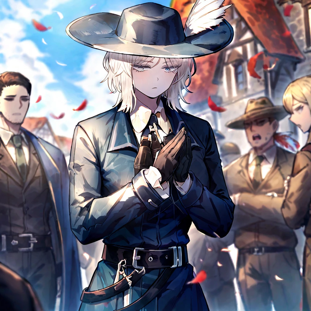 white hair,gloves,faust \(project moon\),black gloves,blue eyes,multiple girls,blue cape,shirt,hat,white shirt,A rapier on his belt,plume,short hair,expressionless,multiple boys,collared shirt,solo focus,long sleeves,cape,outdoors,2girls,closed mouth,sky,blue headwear,coat,multiple others,open mouth, ultra detailed