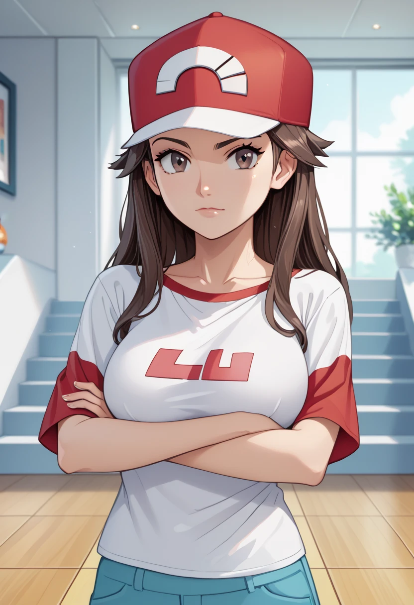 masterpiece, best quality, amazing quality, very aesthetic, absurdres, newest, official art,
L34f, brown hair, long hair, brown eyes, white shirt, raglan sleeves, blue pants, red with white baseball cap, 1girl, female focus, hat, solo, closed mouth, crossed arms, looking at viewer, long hair, t-shirt, collarbone, short sleeves, upper body, large breasts