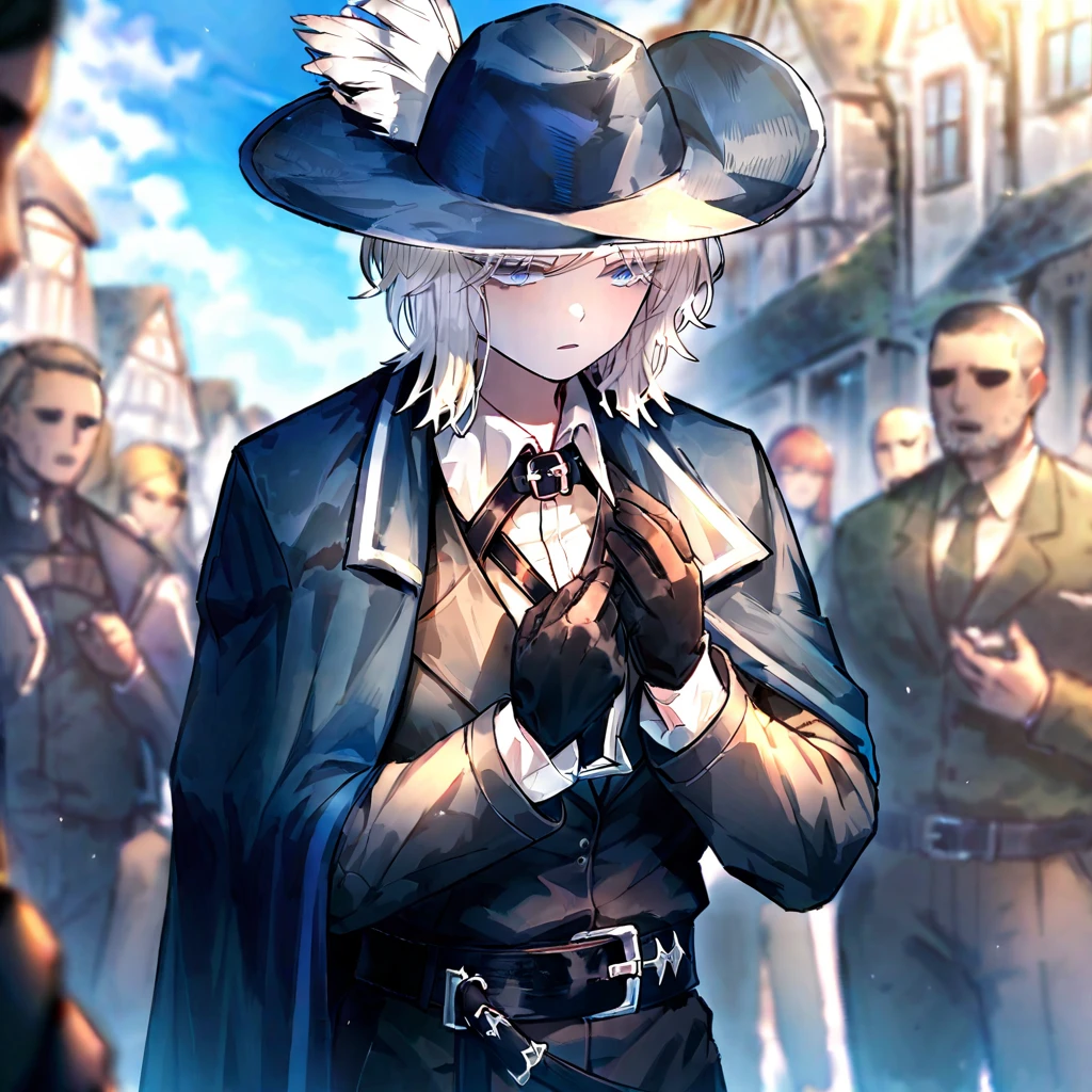 white hair,gloves,faust \(project moon\),black gloves,blue eyes,multiple girls,blue cape,shirt,hat,white shirt,A rapier on his belt,plume,short hair,expressionless,multiple boys,collared shirt,solo focus,long sleeves,cape,outdoors,2girls,closed mouth,sky,blue headwear,coat,multiple others,open mouth, ultra detailed