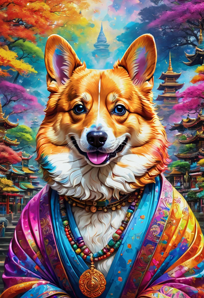 犬の絵 with a colorful face and eyes, BEAUTIFUL 4K ART , Detailed painting 4k,  a painting by Alessandro Pautasso, Rendered in high resolution, Vadim Kashin.  super real , in a Gautama Buddha  wearing a picture of a corgi , を着たゴータマ・ブッダ・チャイルド,  Colourful and Detailed,  detailed 4k painting , Gautama Buddha  wearing a picture of a corgi 