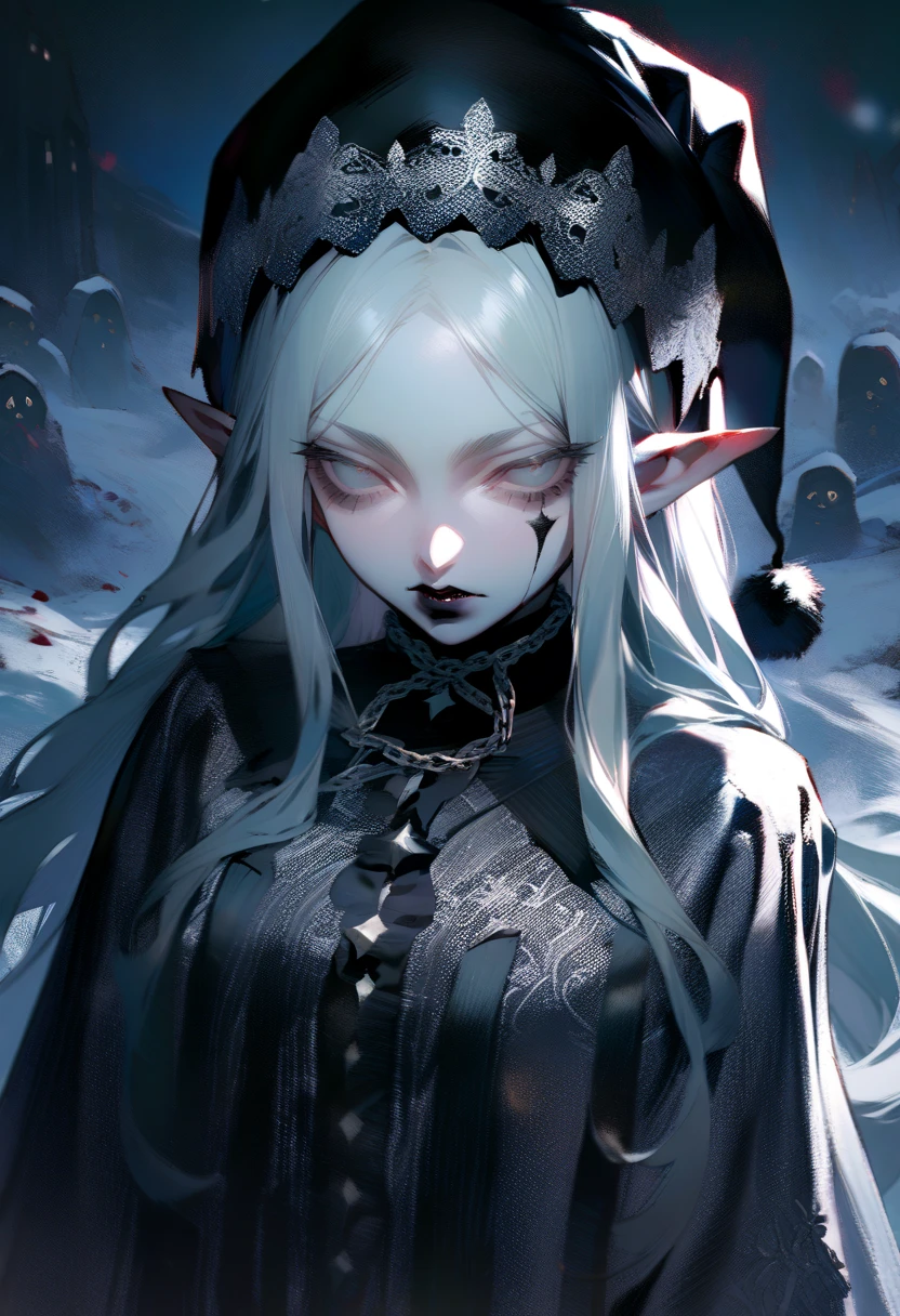 masterpiece, elf woman, solo,young, pale, (very long hair), very straight hair, white hair, black lipstick, white eyes, (white velvet lace dress), black eyebrows, in a snow dead cemetery garden, cute, closeup, expressionless, black christmas hat, evil pose, big silver chains around 