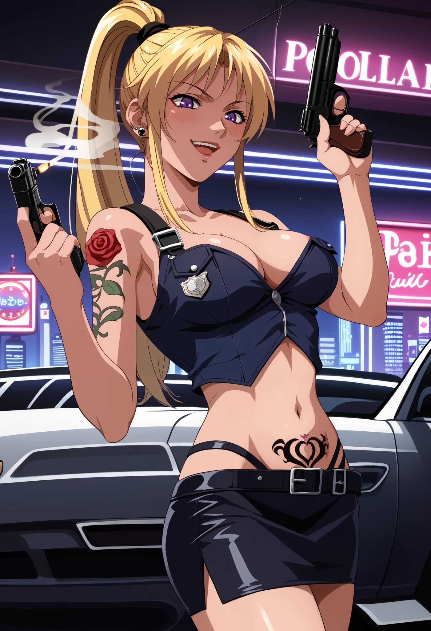 looking at viewer,evil smile,shaded_face,parted lips,looking down,
solo,KaoriSaeki,1girl,blonde hair,ponytail,purple eyes,
, ear piercing, long hair, blush, lipstick,Hot girl, baddie, smoking, sensual, attractive ,bar
background, inside bar,indoors, cityscape, casino, nightclub, city lights, masterpiece, best quality, highly detailed, a anime girl in police uniforms , police outfit, military outfit,
open mouth, cleavage, evil smile, smile, ecchi anime style, anime girl, digital anime art!!, in anime
style, (nsfw) not safe for work, official artwork, , beautiful anime girl, anime style 4 k, micro pencil
skirt, pencil skirt, micro skirt, exposed
belly, exposed navel, exposed midriff, exposed lower belly, holding a gun, holding pistol,next to police
car,nipple slip, ,, dragon tattoo , tattoo midriff, rose tattoo, shiny skin, open
arms sideway, arms T-pose, smirk, standing, anime girl T posing