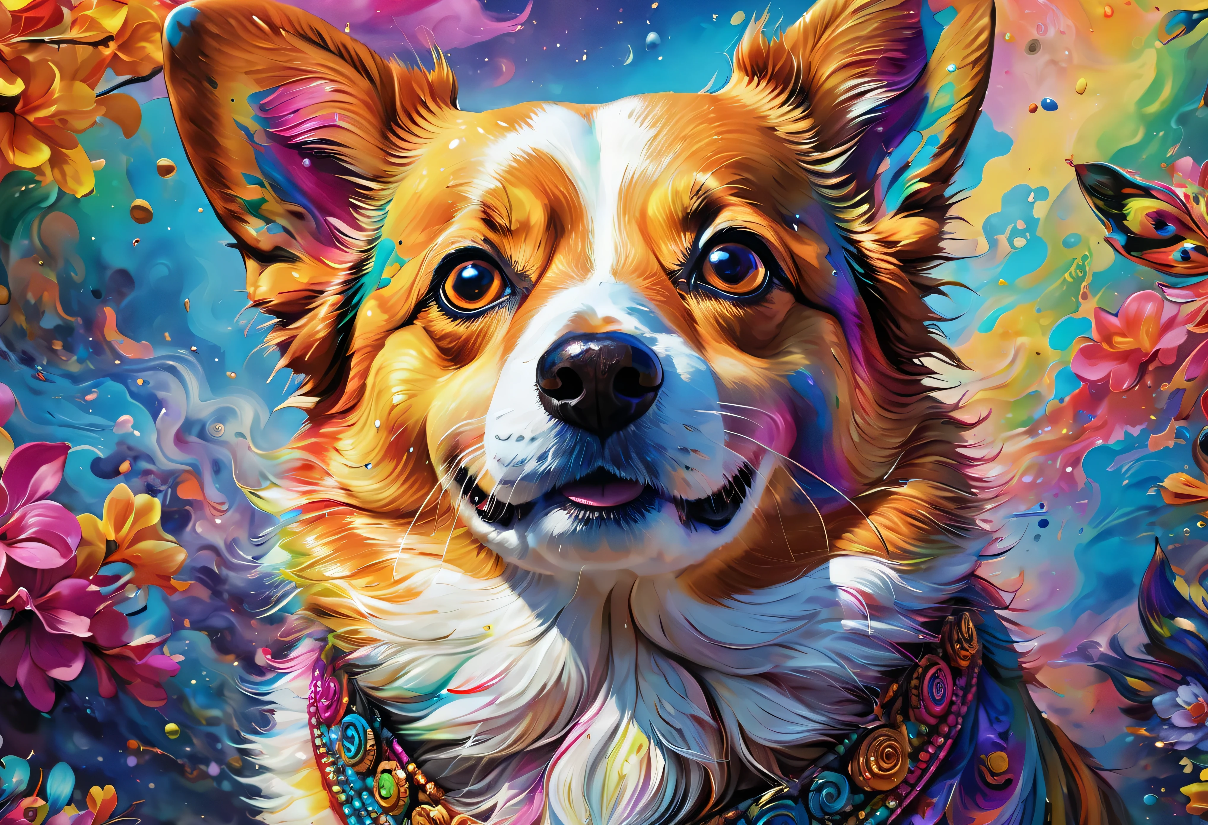 犬の絵 with a colorful face and eyes, BEAUTIFUL 4K ART , Detailed painting 4k,  a painting by Alessandro Pautasso, Rendered in high resolution, Vadim Kashin.  super real , in a Gautama Buddha  wearing a picture of a corgi ,  in the dog picture,  Colourful and Detailed,  detailed 4k painting , Gautama Buddha  wearing a picture of a corgi 