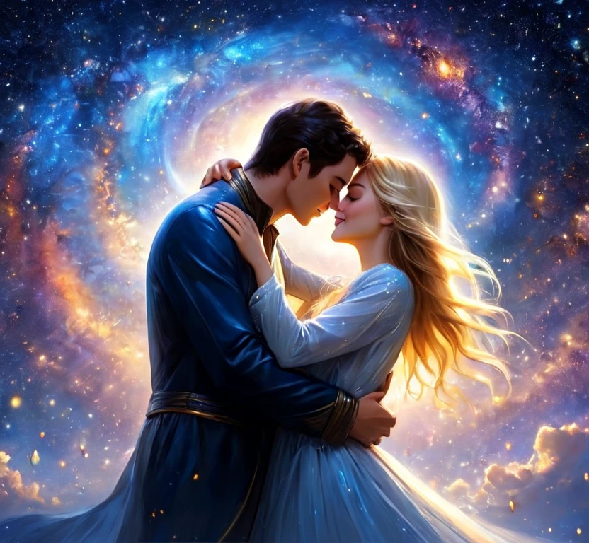 He traveled actoss the universe for eons, looking for his true love, lovers finally reunited, a beautiful tearful joyous reunion, long alart and finally back together, relief, hugs, joy, kisses, hugs, perfect soul mates, lovers for eternity