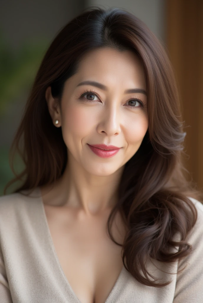 Mature Woman,  Japanese, 58 years old (Mature Beauty: 1.5),  Gentle and Seductive Smile ,  fine lines of laughter  (1.4), 
Natural Aging 、A warm look,  Wavy, Deep Hair (1.3), 
 Soft, Natural Wrinkles 、 in the company reception room (1.4), 
 sharp focus ,  high res,  super detail (1.4), 
 unrivaled beauty ,  Calm Eye Makeup  (1.3), lipstick (1.2),  eyeshadow,  mascara, 
 Slim, Gentle Curves ,  Elegant and Elegant Posture , 
Realistic,  realistic  (1.4), masterpiece,  top quality ,  depth of field ,  Physically Based Rendering ,  Fascinating Atmosphere 。
