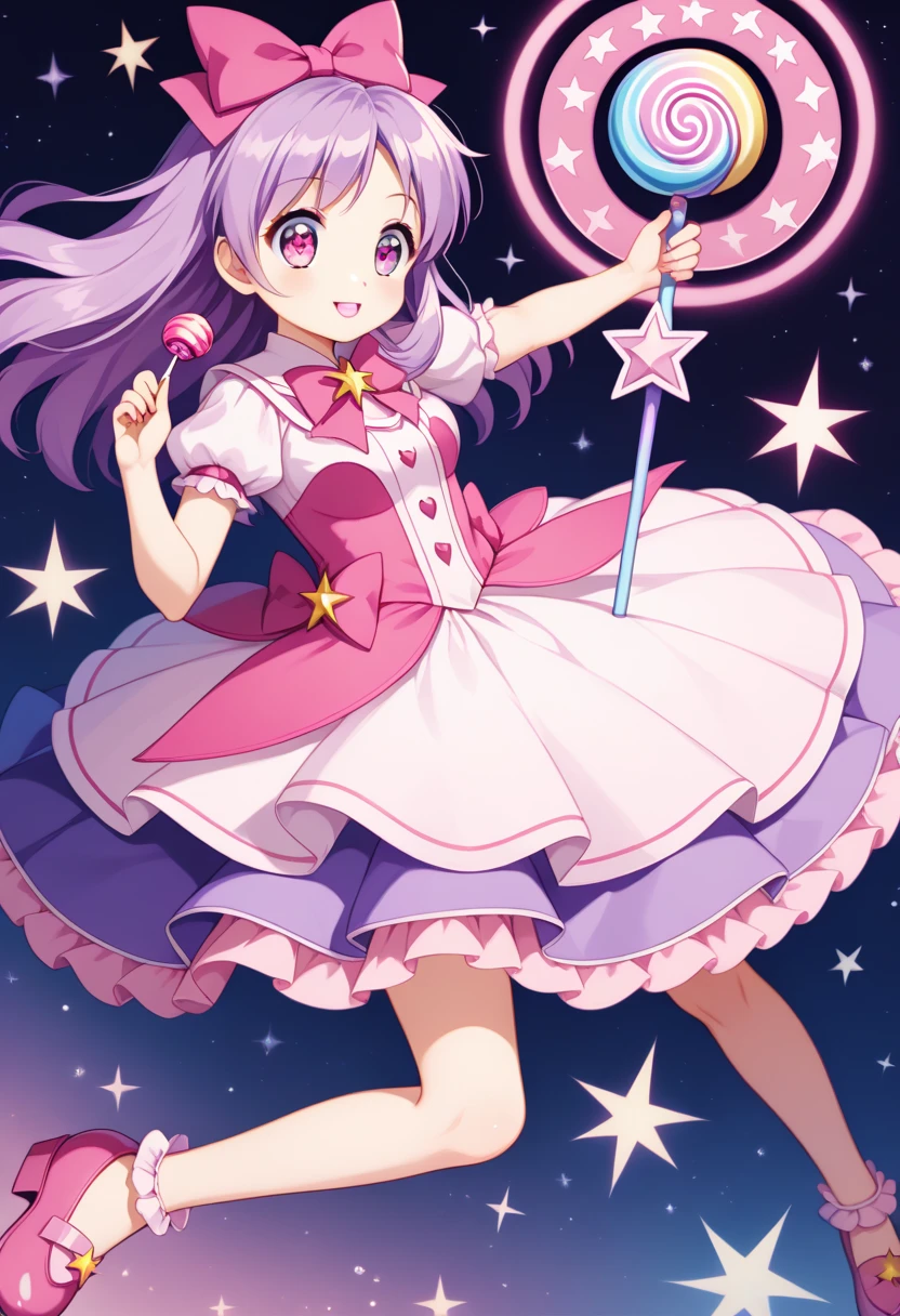 Anime girl,Magic girl, Pastel colored clothes, sweet themed clothes, candy girl, kwaii, kwaii poses, holding a lollipop scepter,pastel purple hair, cute eyes, candy barrettes,Cute dress, flared dress, ruffled dress, cute shoes, magical girl, candy, candy cute girl, kwaii, pink eyes, bright eyes,2D,Pastel colors Light colors, soft lineart, soft colors, pastel coloring, candy theme, kawaii, starry eyes, magic lollipop stick, majestic pose, cute scenery, floating ,pink and purple Clothes ,puffy clothes