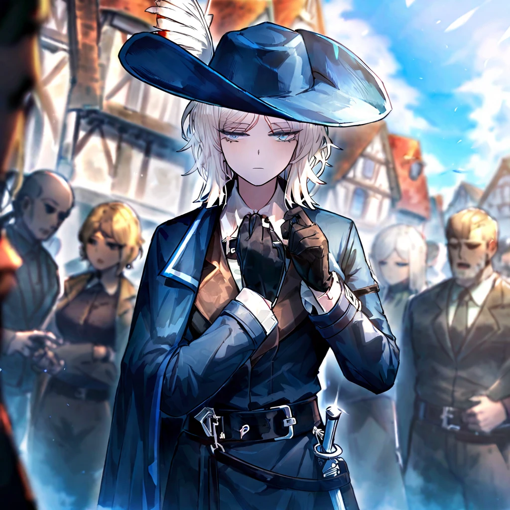 white hair,gloves,faust \(project moon\),black gloves,blue eyes,multiple girls,blue cape,shirt,hat,white shirt,A rapier on his belt,plume,short hair,expressionless,multiple boys,collared shirt,solo focus,long sleeves,cape,outdoors,2girls,closed mouth,sky,blue headwear,coat,multiple others,open mouth, ultra detailed, rapier in her hip