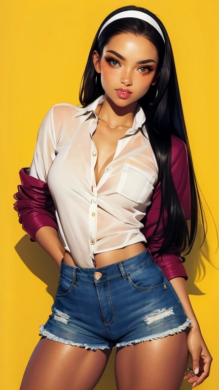 Alluring young girl, smile, collared shirt, unbuttoned shirt, sleeves rolled up, denim shorts, small breast, hairband, (wide hips), sexy thighs, ((straight hair)), comic retro style, (masterpiece, best quality:1.2), simple background