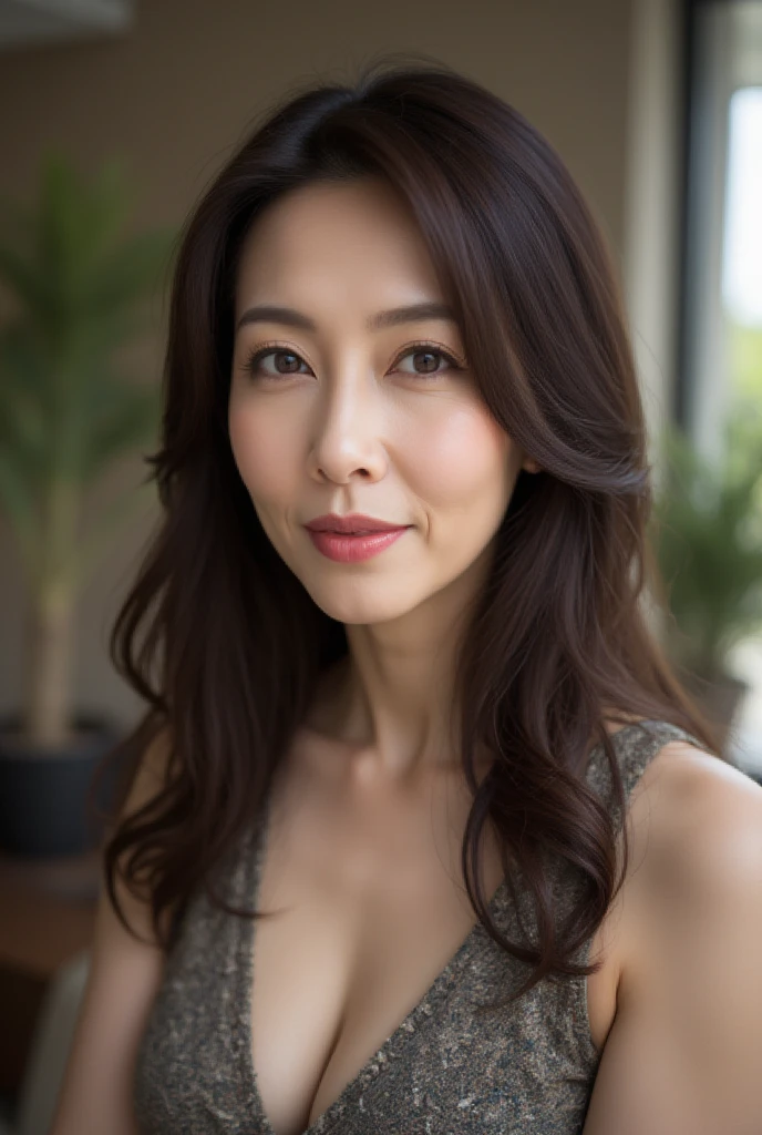 Mature Woman,  Japanese, 58 years old (Mature Beauty: 1.5),  Gentle and Seductive Smile ,  fine lines of laughter  (1.4), 
Natural Aging 、A warm look,  Wavy, Deep Hair (1.3), 
 Soft, Natural Wrinkles 、 in the company reception room (1.4), 
 sharp focus ,  high res,  super detail (1.4), 
 unrivaled beauty ,  Calm Eye Makeup  (1.3), lipstick (1.2),  eyeshadow,  mascara, 
 Slim, Gentle Curves ,  Elegant and Elegant Posture , 
Realistic,  realistic  (1.4), masterpiece,  top quality ,  depth of field ,  Physically Based Rendering ,  Fascinating Atmosphere 。
