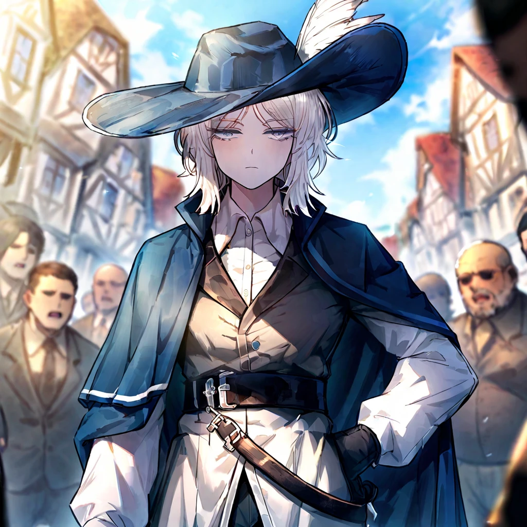 white hair,gloves,faust \(project moon\),black gloves,blue eyes,multiple girls,blue cape,shirt,hat,white shirt,A rapier on his belt,plume,short hair,expressionless,multiple boys,collared shirt,solo focus,long sleeves,cape,outdoors,2girls,closed mouth,sky,blue headwear,coat,multiple others,open mouth, ultra detailed, rapier in her hip