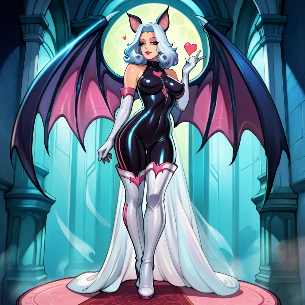 masterpiece, detailed, absurd res, intricate details,  1girl, solo,  gloves,  animal ears, bare shoulders, closed mouth, standing, full body, heart, boots, wings, elbow gloves, white gloves, hand up, high heels, bodysuit, makeup, thigh boots, half-closed eyes, happy, white footwear, knee boots, bat wings, lipstick, furry, eyeshadow, furry female, black bodysuit, white fur, animal nose, blue eyeshadow, bat ears, white hair, green eyes, rougethebat,reiq art style