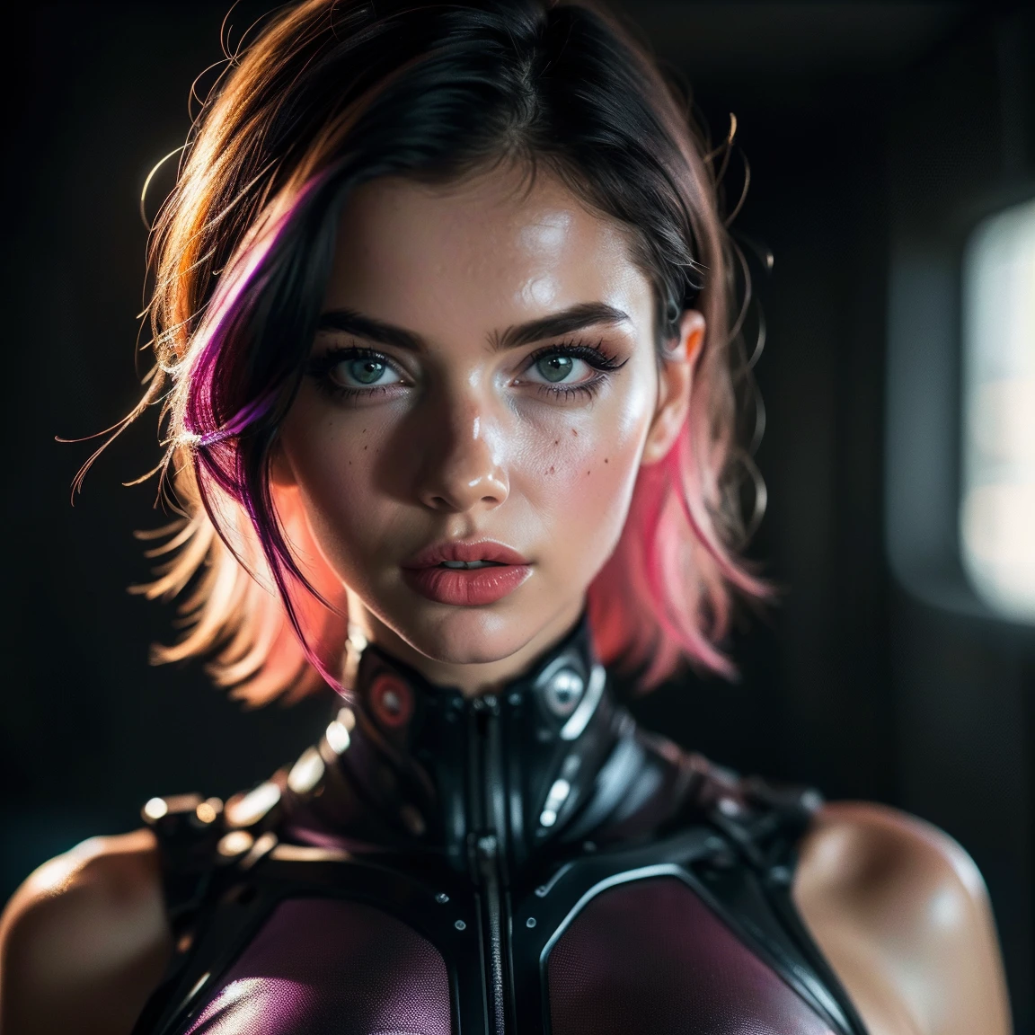 A cute fashion model (age 25, crazy hair, trendy makeup, sci fi leather club outfit, many blinking lights and gadgets), displaying her cyberpunk club wear, fashion show on the runway, full body shown