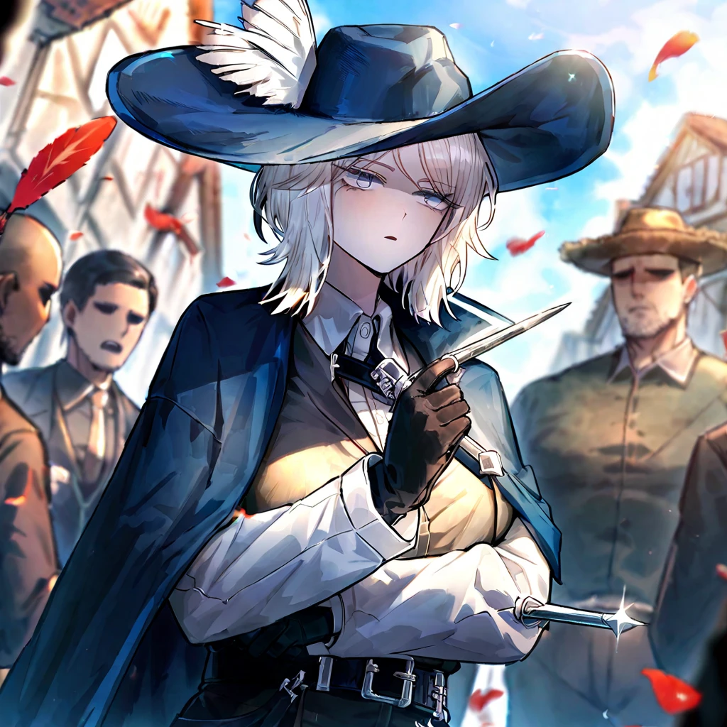 white hair,gloves,faust \(project moon\),black gloves,blue eyes,multiple girls,blue cape,shirt,hat,white shirt,A rapier on his belt,plume,short hair,expressionless,multiple boys,collared shirt,solo focus,long sleeves,cape,outdoors,2girls,closed mouth,sky,blue headwear,coat,multiple others,open mouth, ultra detailed, rapier in her hip