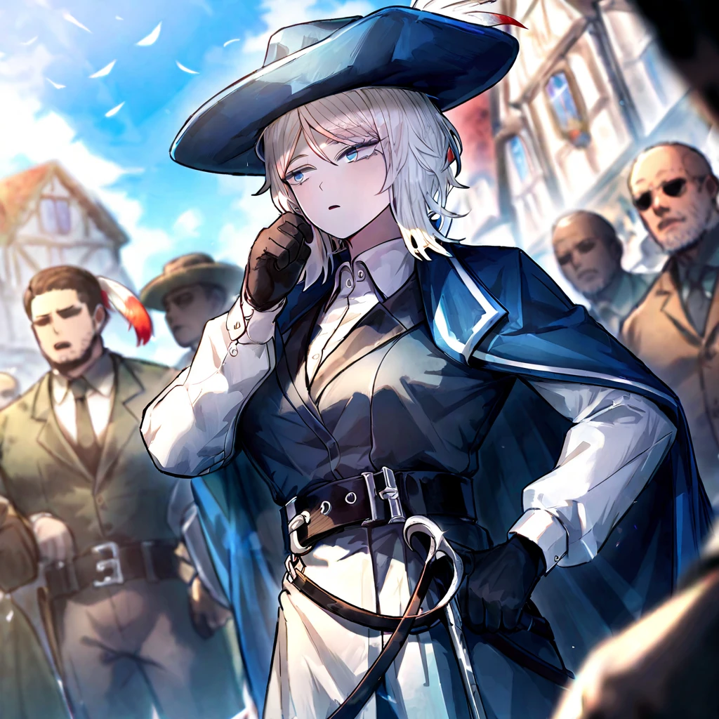 white hair,gloves,faust \(project moon\),black gloves,blue eyes,multiple girls,blue cape,shirt,hat,white shirt,A rapier on his belt,plume,short hair,expressionless,multiple boys,collared shirt,solo focus,long sleeves,cape,outdoors,2girls,closed mouth,sky,blue headwear,coat,multiple others,open mouth, ultra detailed, rapier in her hip