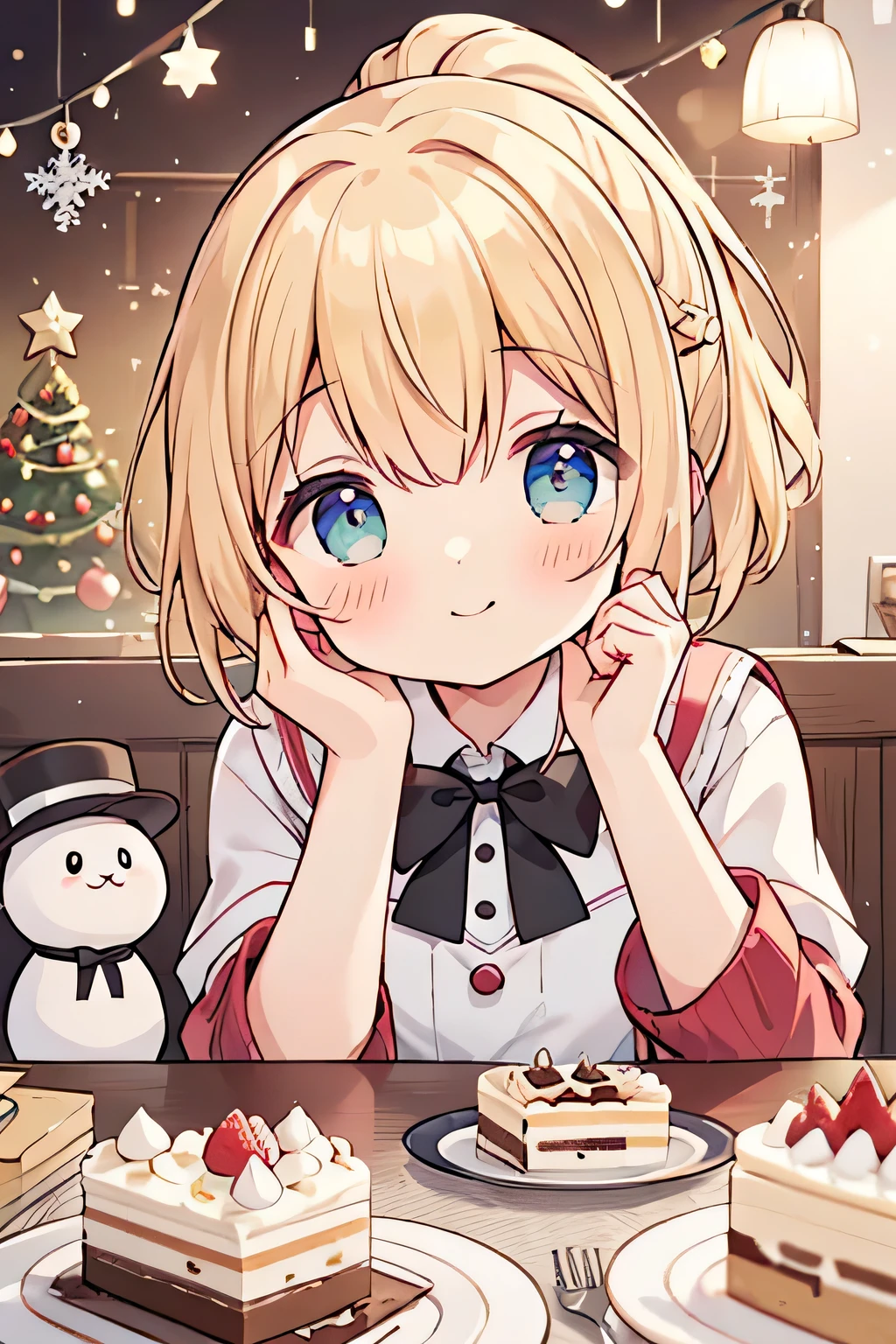  top quality 、 high res、( high image quality:1.2)、masterpiece、 detailed background 、( Beautiful face in every detail :1.4)、 very detailed face、 anatomically correct 、(Normal number of fingers:1.2)、 detailed eyes、age beauty、 perfect body line 、 brightly colored hair color 、 braided bob cut、 ponytail、 Fun Atmosphere 、 a beautiful scene like a scene from a movie 、

 the weekend just before Christmas 、 sweets＆ The venue for the dessert festival was wrapped in sweet scents and colorful decorations 、 The two of them faced a special corner with a Christmas cake theme and shined their eyes 、 the two are seriously worried about which cake to sample 、There are only 3 tasting tickets 、 they pick up a small fork at the tasting corner 、 the eyes shine even more 、 Miomo eats a bite and smiles 、 The two participated in a workshop where they could decorate their own cakes 、 Mio is a Christmas tree themed Taking on the challenge of the design, Akari is working hard to draw the face of a snowman、 The two take a commemorative photo of the finished cake while laughing 、 A photo of the venue with matching mini cakes Shooting time at the spot 、 Surrounded by a large Christmas tree and illuminations in the background 、 the smiles of the two shine 、 Their lovely time surrounded by sweets and Christmas cake remained in my mind as a special memory、 cute
