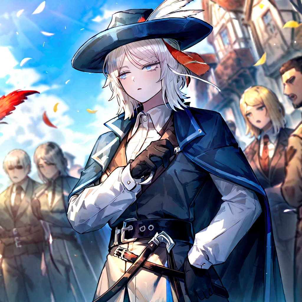 white hair,gloves,faust \(project moon\),black gloves,blue eyes,multiple girls,blue cape,shirt,hat,white shirt,A rapier on his belt,plume,short hair,expressionless,multiple boys,collared shirt,solo focus,long sleeves,cape,outdoors,2girls,closed mouth,sky,blue headwear,coat,multiple others,open mouth, ultra detailed, rapier in her hip