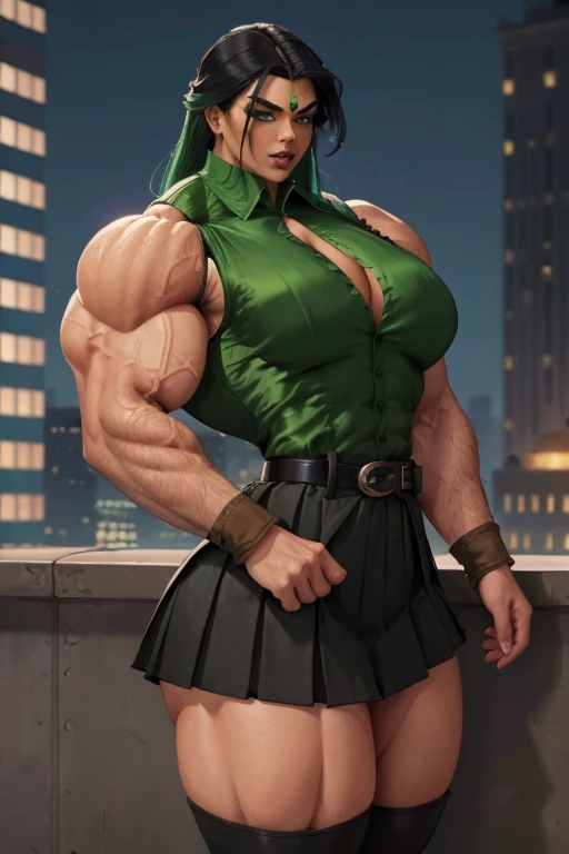 ((Close-up)), tall, (green hair) beautiful muscular woman, long curvy hair, light brown skinned, closed smile, (black lipstick), (massive muscles), (hyper muscle), (ginormous bulky muscles), orange eyes, (((sleeveless green pleated shirt))), ((long black pleated skirt)), (fingerless gloves), necktie, boots, (flexing biceps), on a skyscraper,