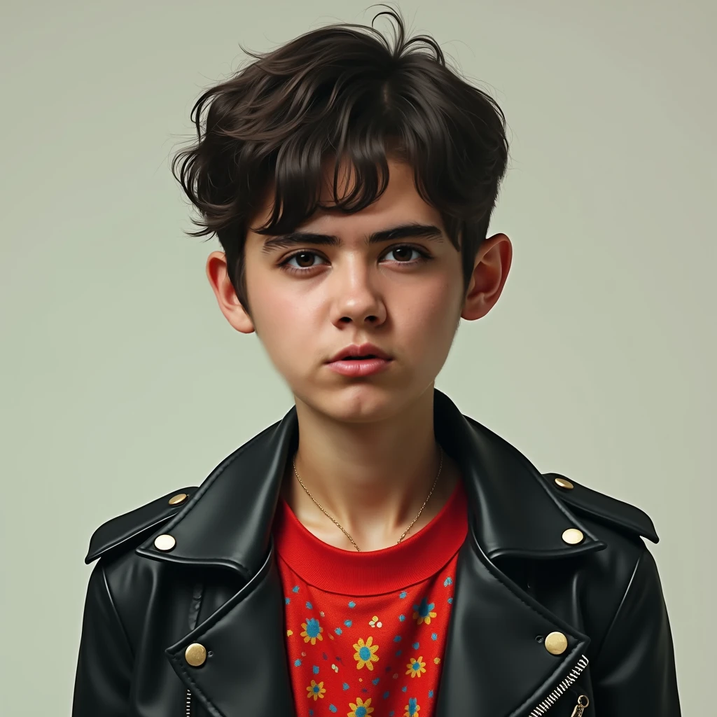 created a fictional boy's face, big head , tiny body, kaos merah dan black leather jacket, perfect face, with features that might be a combination of Matthew Daddario and Zendaya's features