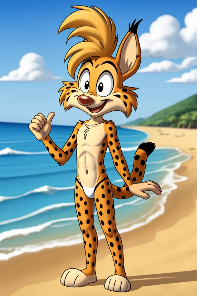 Lynx cartoon guy full length slim skinny in red speedo on the beach with a happy face striped tail