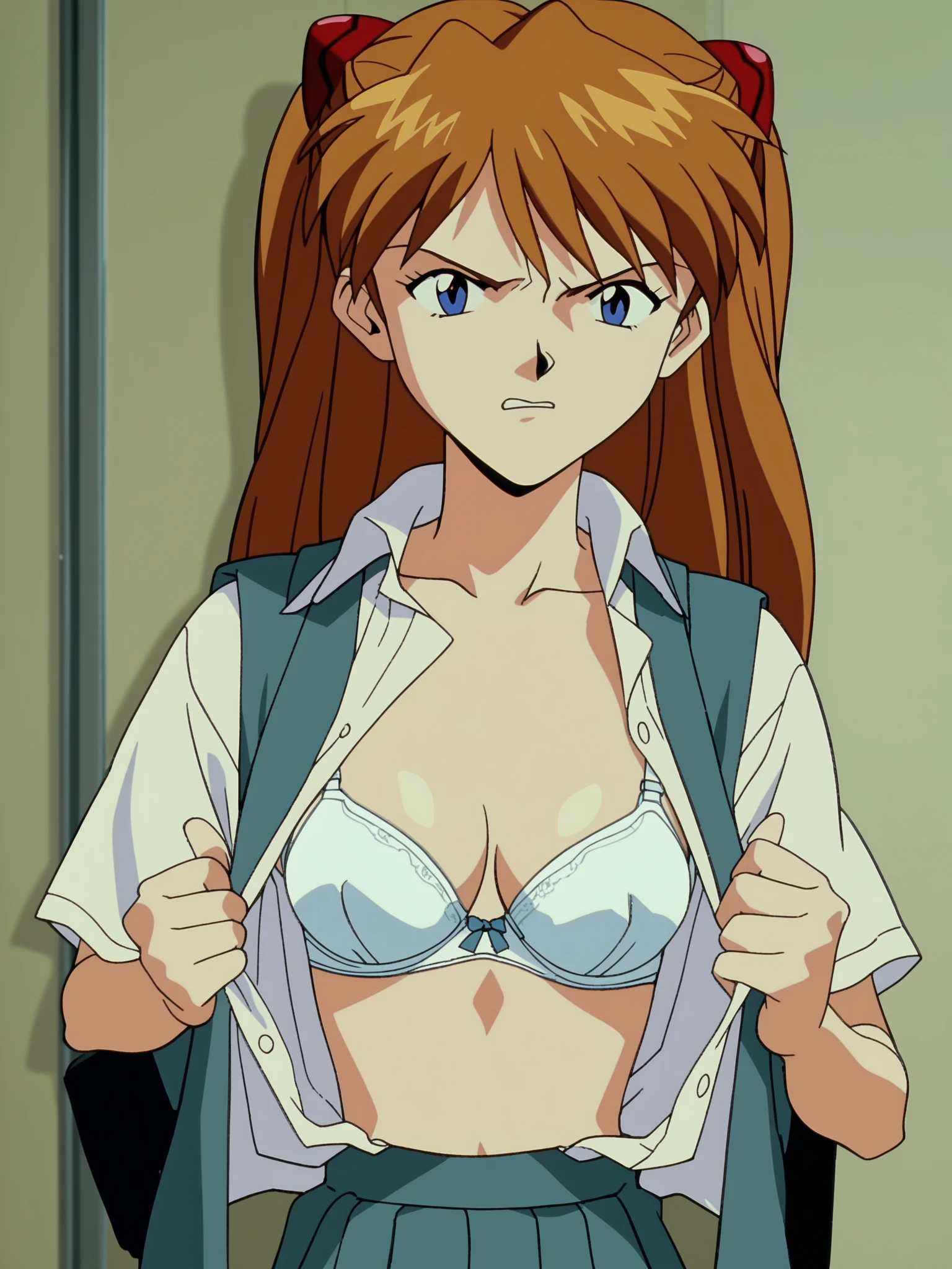 masterpiece,  top quality , anime screencap,   Soryu Asuka Langley,  school uniform,  tsundere, Alone, indoor, School, (((open shirt, white bra))),